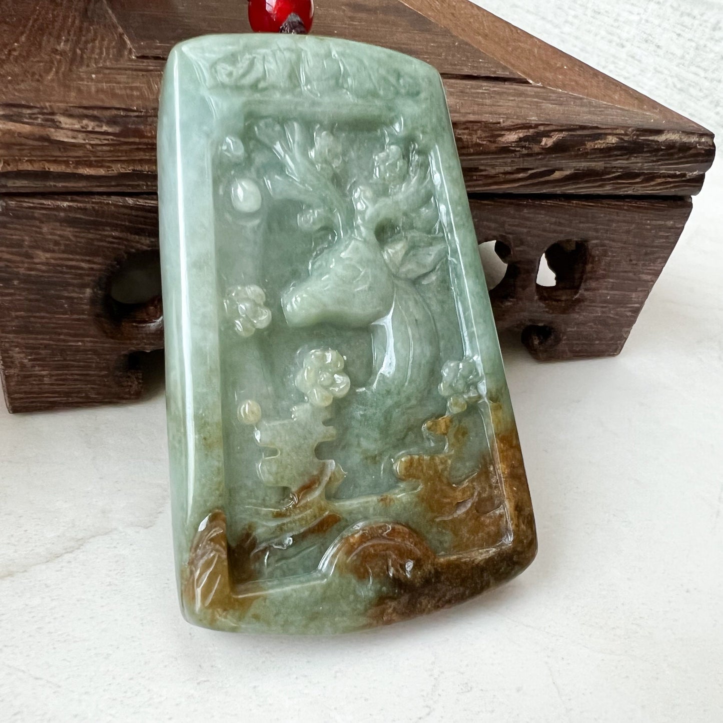 Large Jadeite Jade Deer in Forest Hand Carved Pendant Necklace, YJ-1221-0235521 - AriaDesignCollection