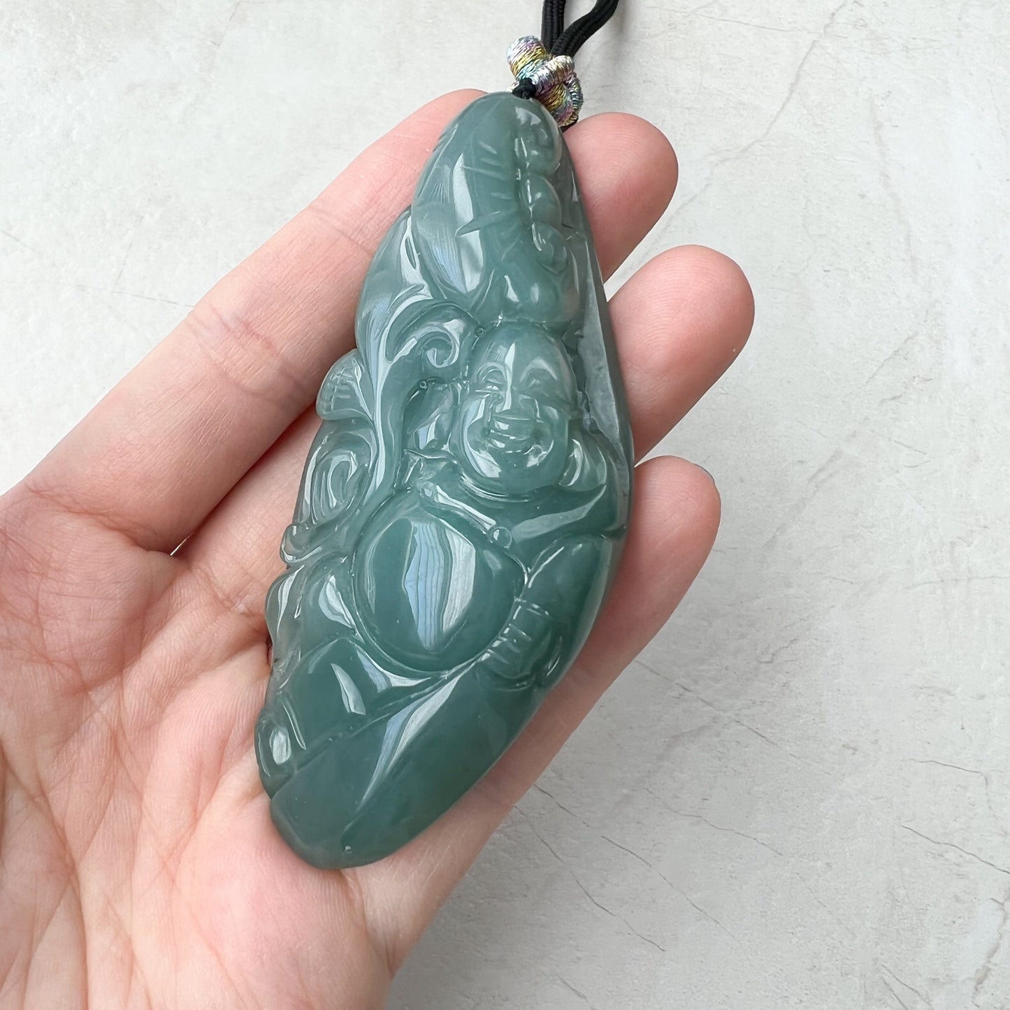 Very Large Green Jadeite Jade Happy Buddha Carved Jadeite Pendant, YJ-1221-0157015 - AriaDesignCollection