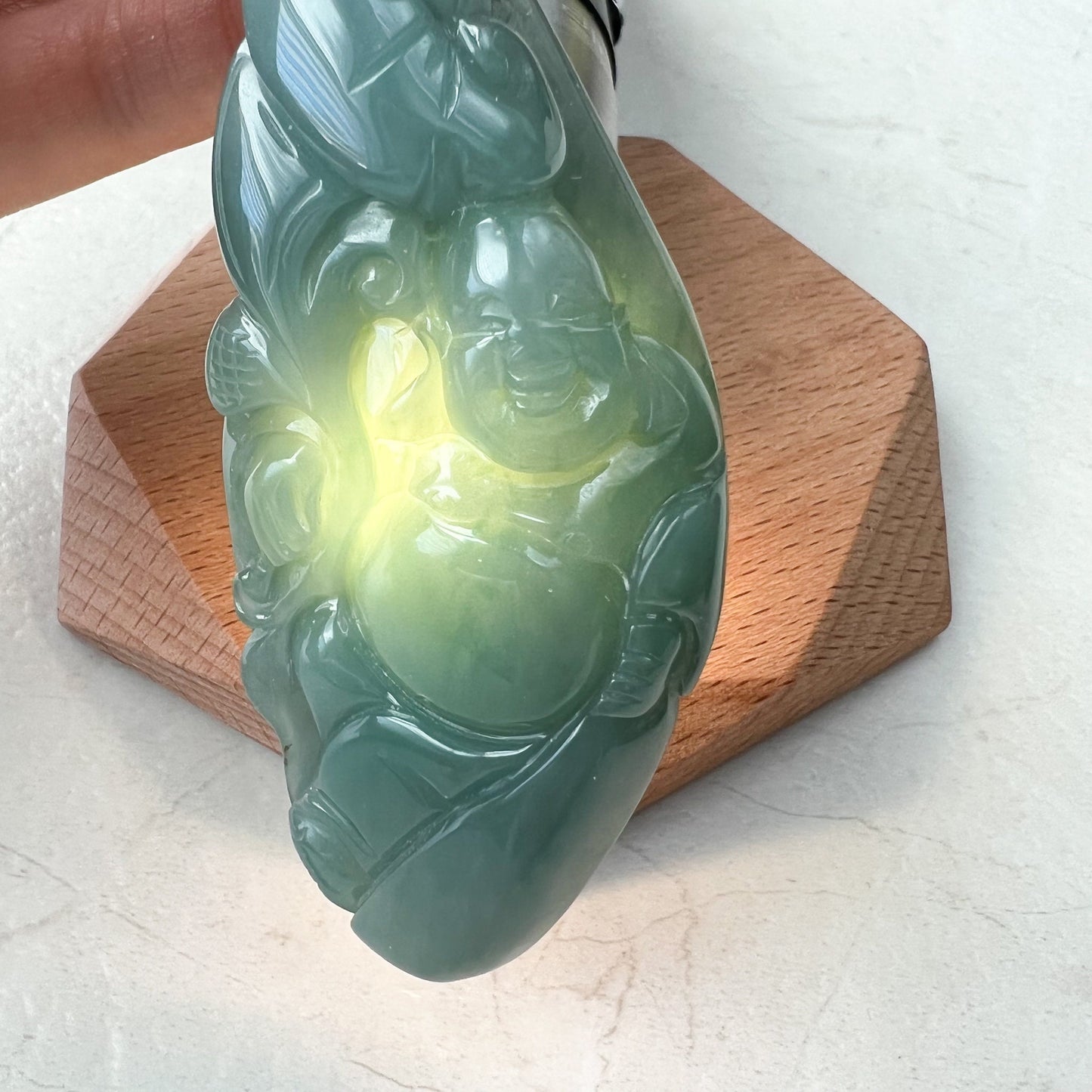 Very Large Green Jadeite Jade Happy Buddha Carved Jadeite Pendant, YJ-1221-0157015 - AriaDesignCollection