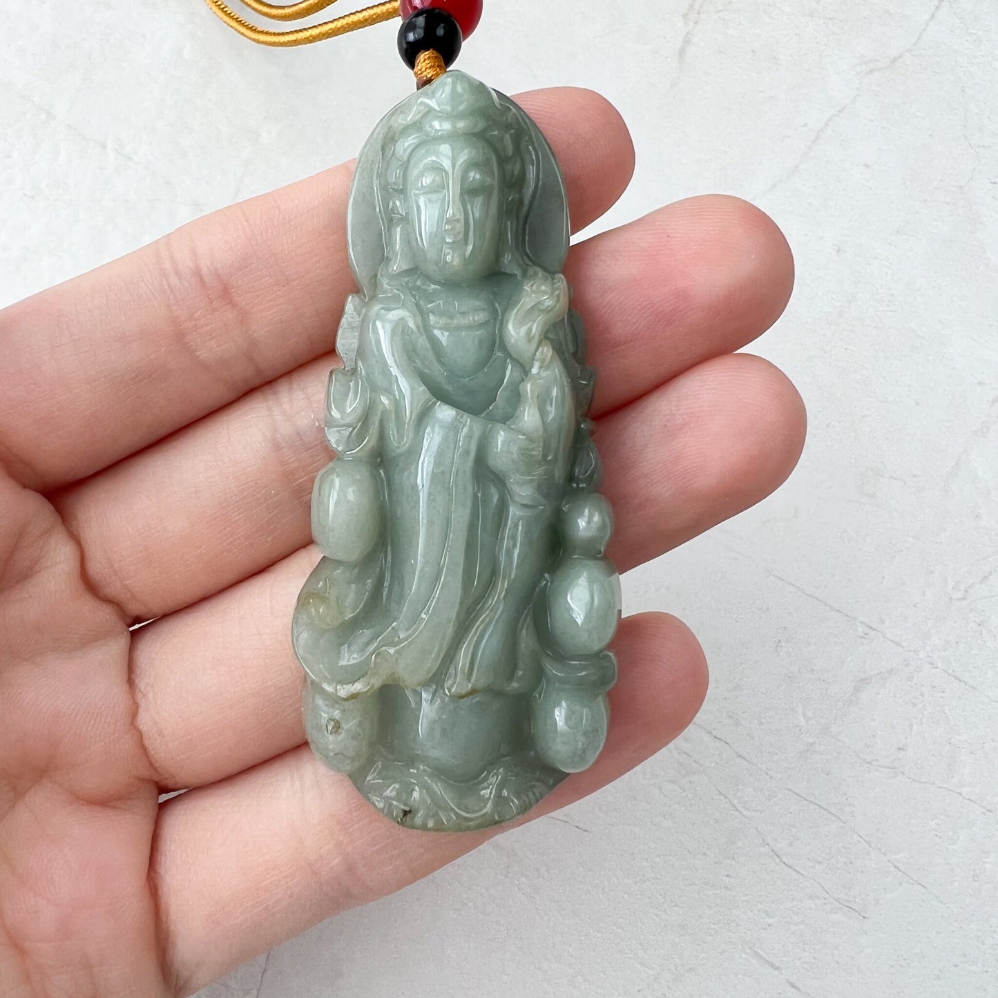 Green Jadeite Jade Guan Yin Avalokiteshvara Hand Carved Pendant Necklace, YJ-1221-0235513 - AriaDesignCollection