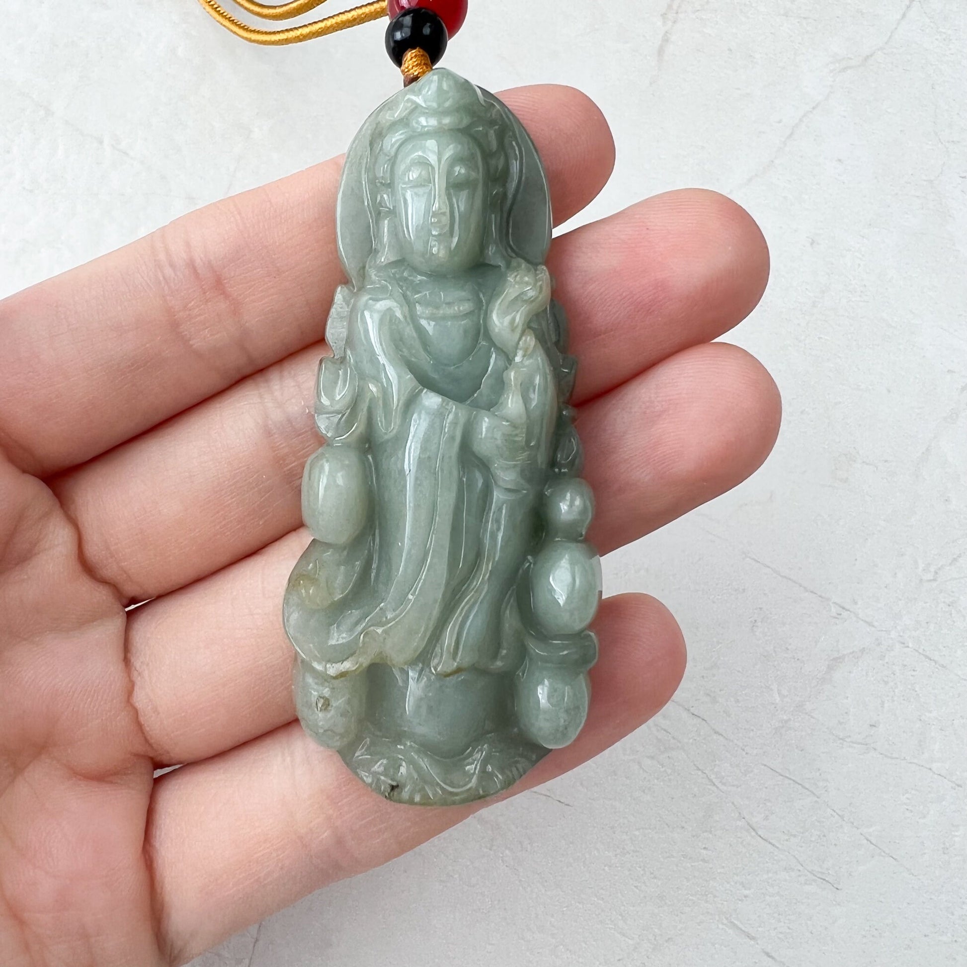 Green Jadeite Jade Guan Yin Avalokiteshvara Hand Carved Pendant Necklace, YJ-1221-0235513 - AriaDesignCollection