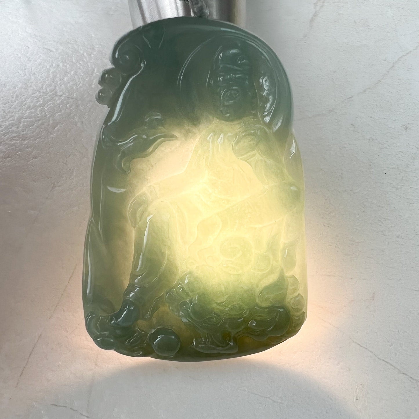 Green Jadeite Jade Guan Yin Kwan Yin Protected by Dragon Avalokitesvara Semi-Translucent Carved Pendant Necklace, YJ-1221-0210825 - AriaDesignCollection