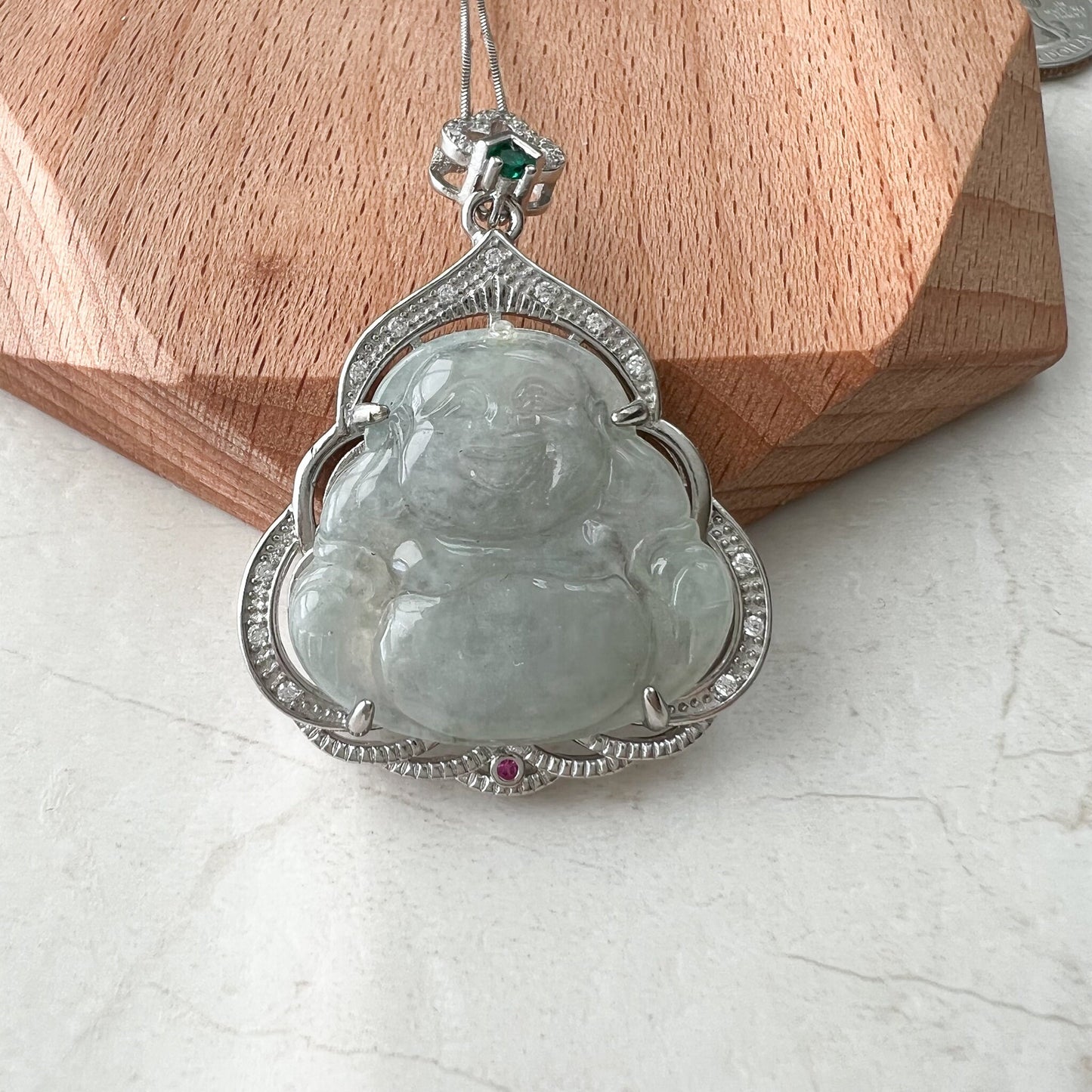 Jadeite Jade Happy Laughing Buddha, Budai, Carved Pendant Sterling Silver Necklace, BJ-0621-1646063761 - AriaDesignCollection
