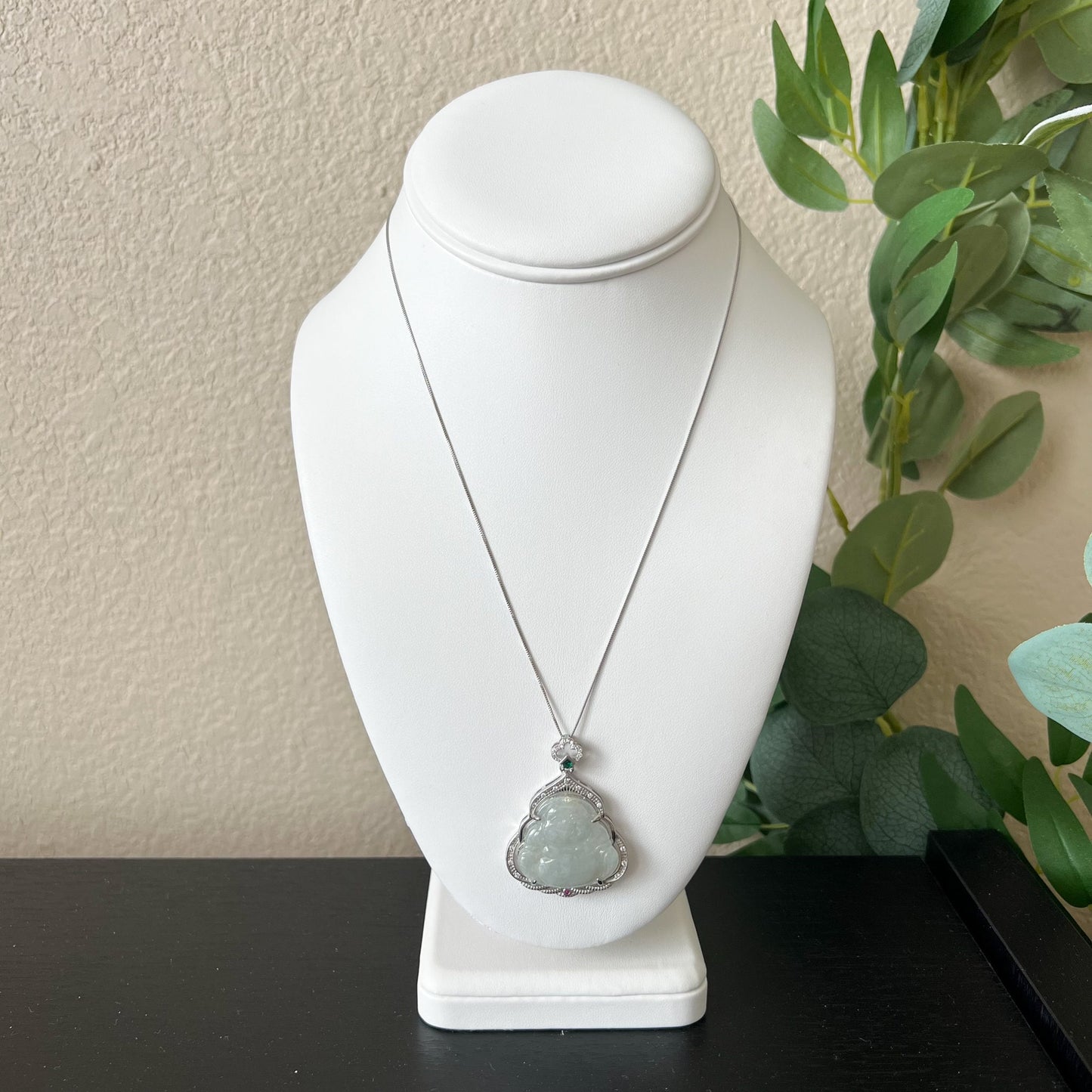 Jadeite Jade Happy Laughing Buddha, Budai, Carved Pendant Sterling Silver Necklace, BJ-0621-1646063761 - AriaDesignCollection