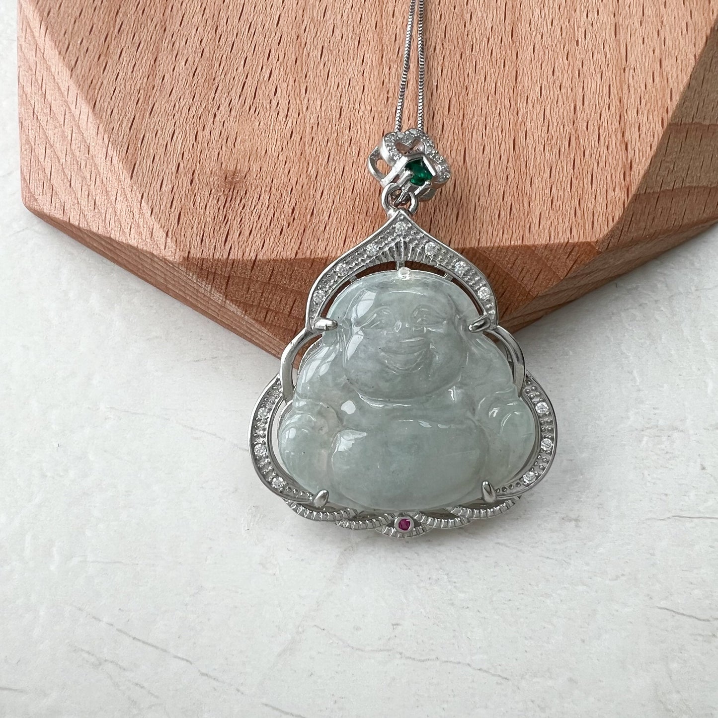 Jadeite Jade Happy Laughing Buddha, Budai, Carved Pendant Sterling Silver Necklace, BJ-0621-1646063761 - AriaDesignCollection