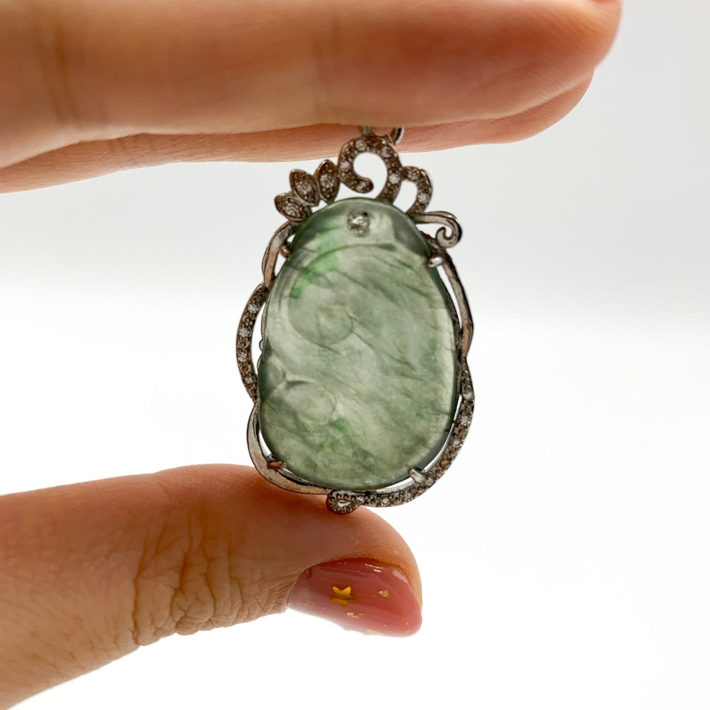 Jadeite Jade Lucky Ruyi Ru Yi, 如意, Sterling Silver Pendant Hand Carved Necklace, BJ-0621-0003439-4 - AriaDesignCollection