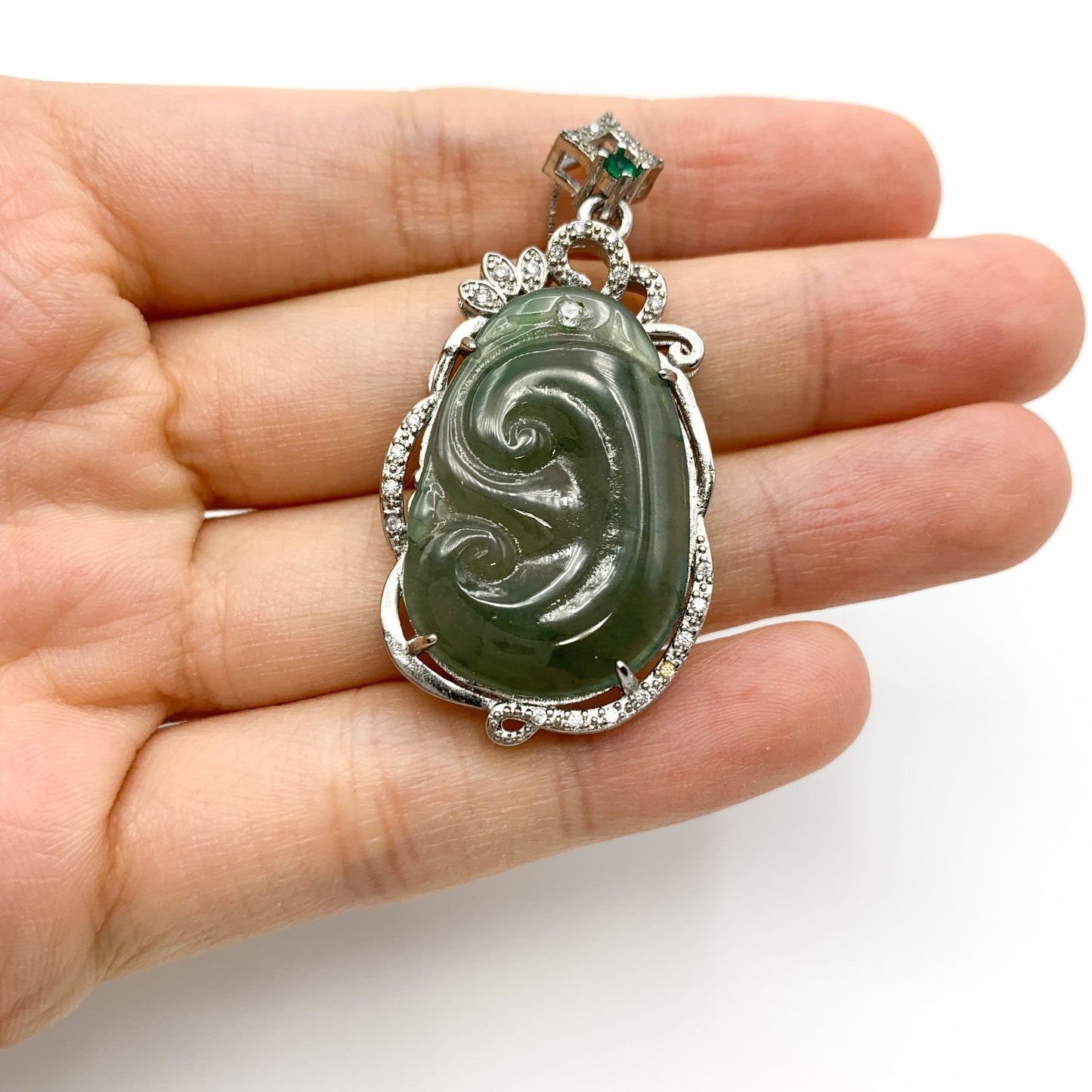 Jadeite Jade Lucky Ruyi Ru Yi, 如意, Sterling Silver Pendant Hand Carved Necklace, BJ-0621-0003439-4 - AriaDesignCollection