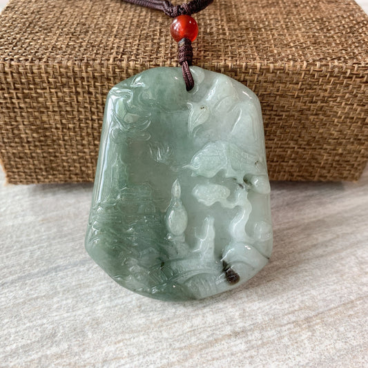 Tree pendant, Jadeite Jade, Mountain Forest River, Scenery Hand Carved Pendant Necklace, YJ-0321-0234385-1 - AriaDesignCollection