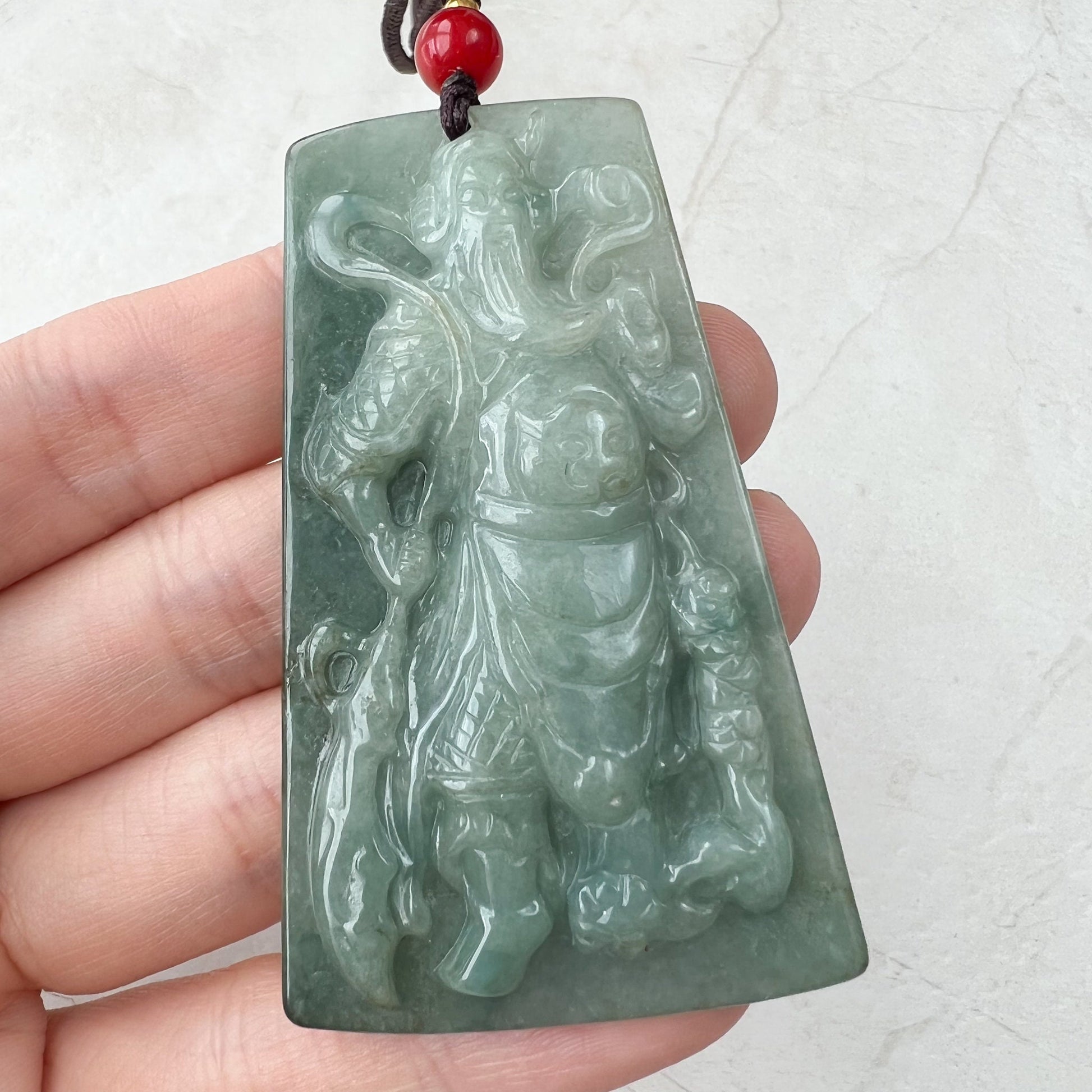 Large Green Jadeite Jade Guan Yu Guan Gong, 关羽, 关公, Carved Pendant Necklace, YJ-1221-0279103 - AriaDesignCollection