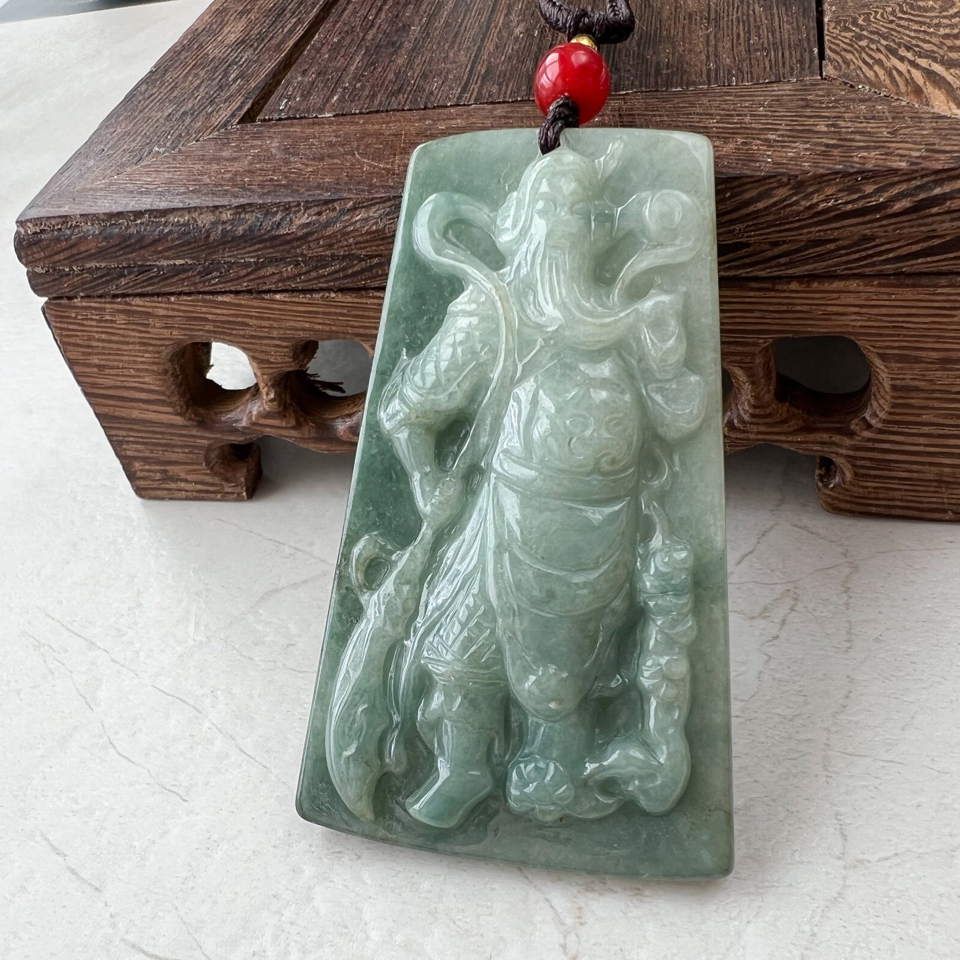 Large Green Jadeite Jade Guan Yu Guan Gong, 关羽, 关公, Carved Pendant Necklace, YJ-1221-0279103 - AriaDesignCollection