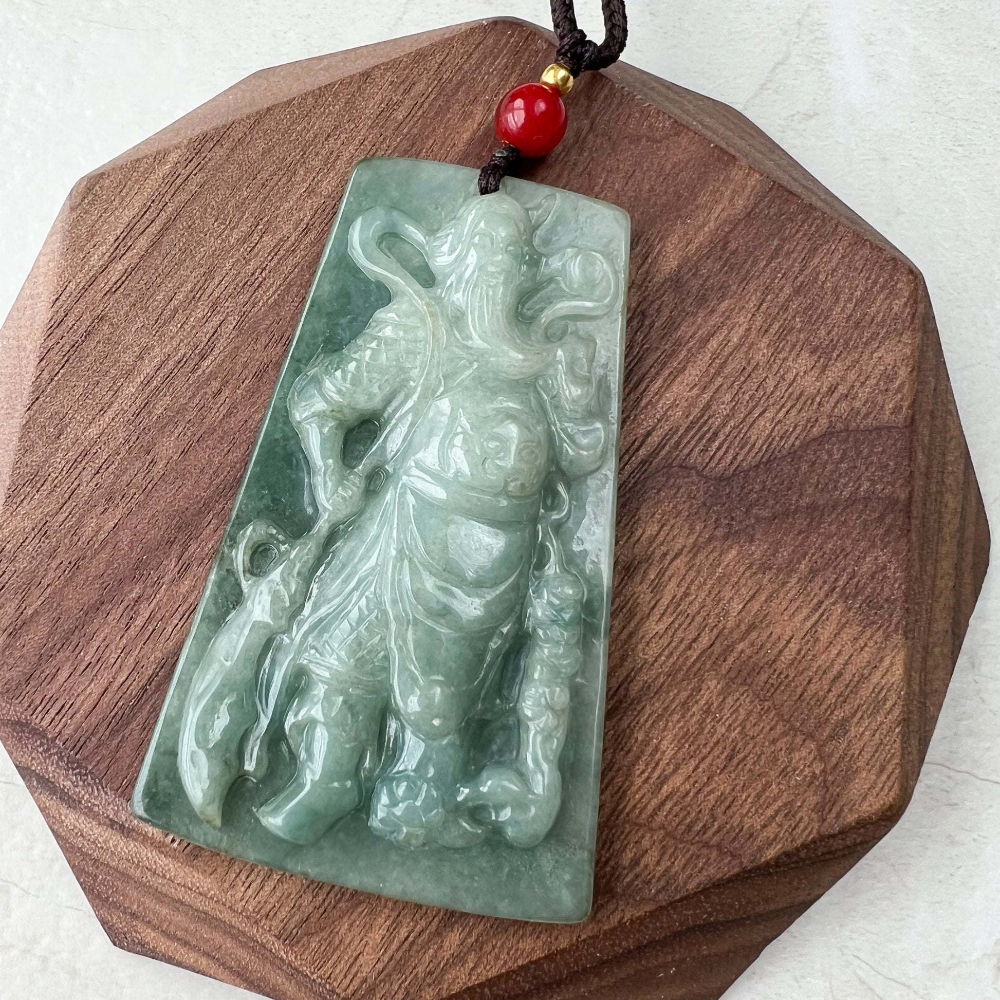 Large Green Jadeite Jade Guan Yu Guan Gong, 关羽, 关公, Carved Pendant Necklace, YJ-1221-0279103 - AriaDesignCollection