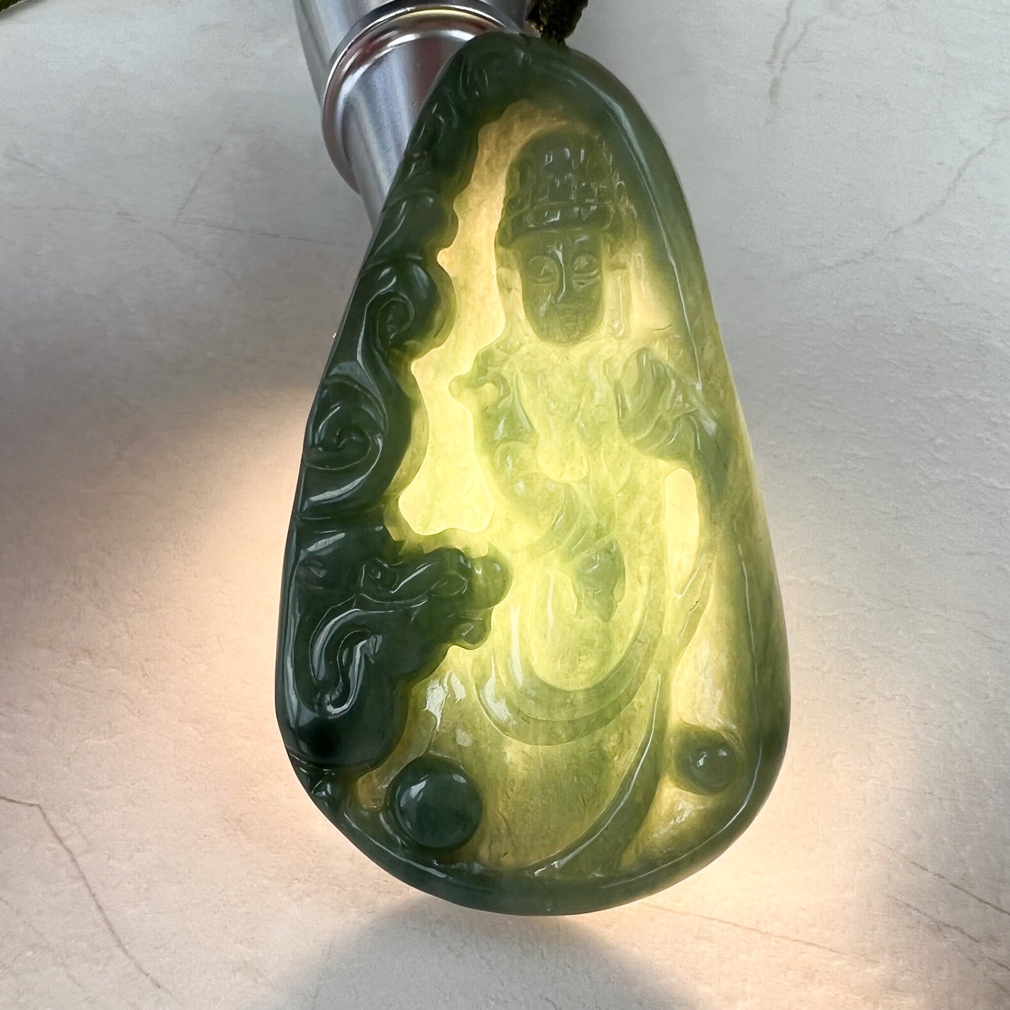 Jadeite Jade Guan Yin Avalokiteshvara and Dragon Carved Pendant Necklace, Quan Am, YJ-1221-0210864 - AriaDesignCollection