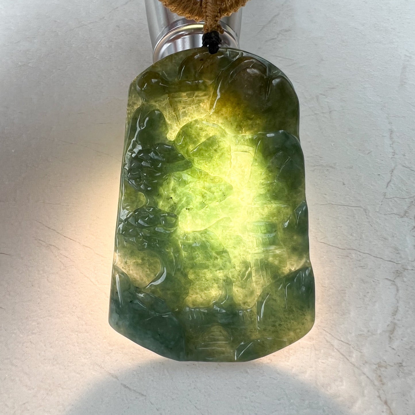 Jadeite Jade Landscape Mountain Forest River Tree, Scenery Hand Carved Pendant Necklace, YJ-1221-0177915 - AriaDesignCollection