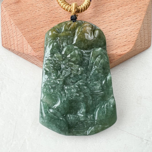 Jadeite Jade Landscape Mountain Forest River Tree, Scenery Hand Carved Pendant Necklace, YJ-1221-0177915 - AriaDesignCollection