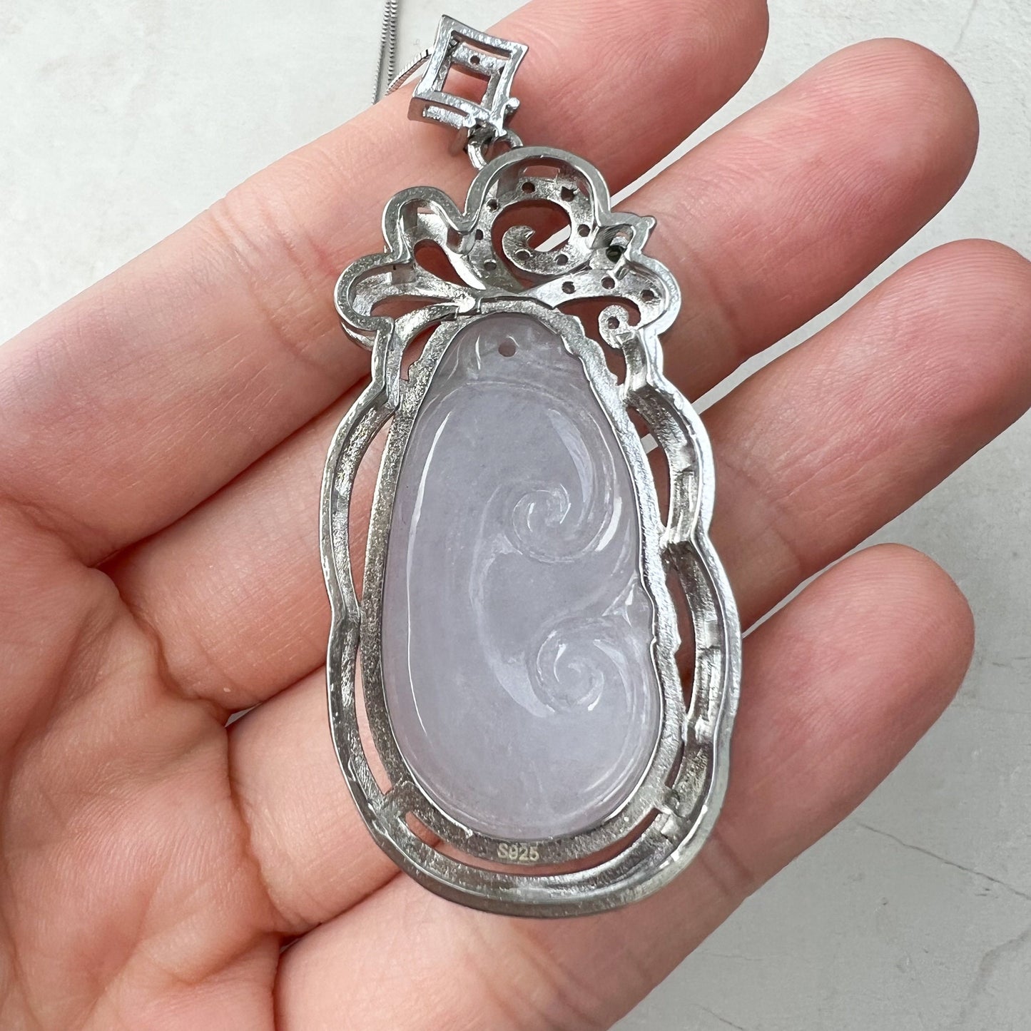 Light Purple Jadeite Jade Ruyi Ru Yi, 如意, Sterling Silver Pendant Necklace, BJ-0621-1647814597 - AriaDesignCollection