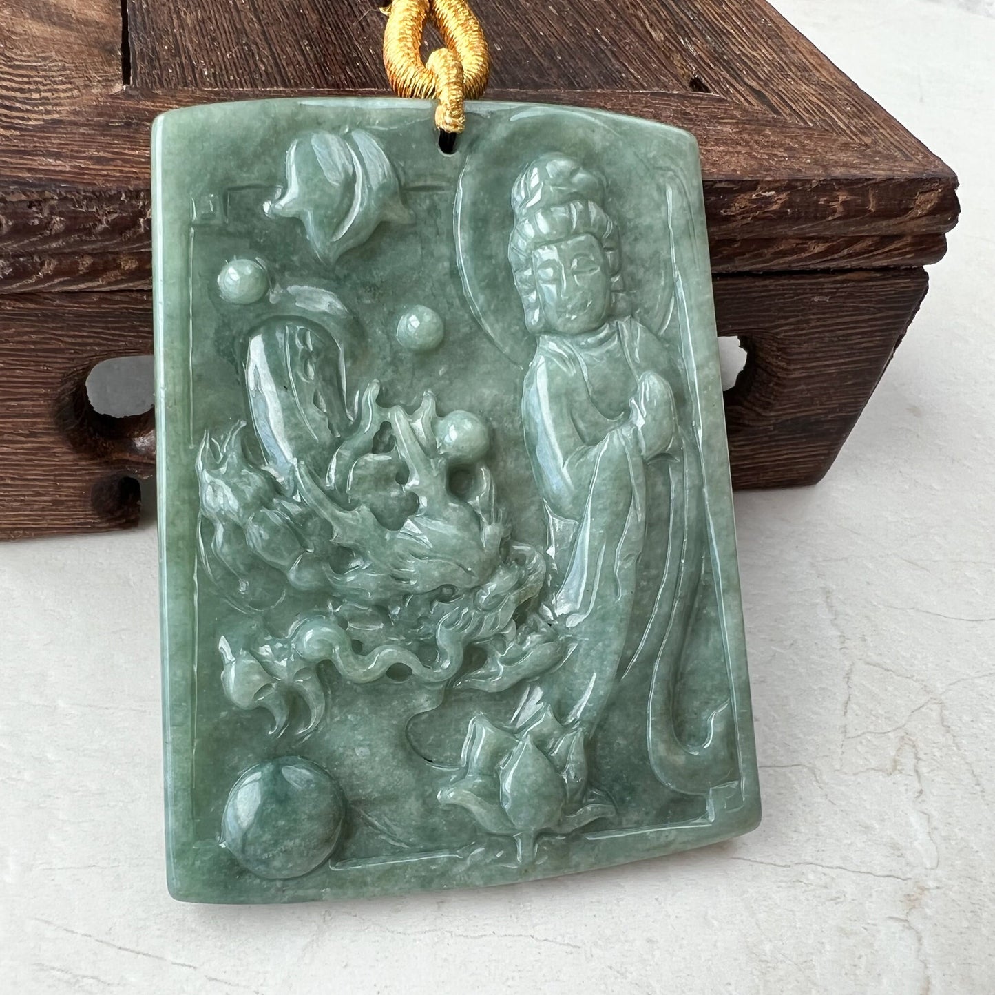 Large Green Jadeite Jade Guan Yin Kwan Yin Protected by Dragon, Avalokitesvara, Hand Carved Pendant Necklace, Quan Am, YJ-1221-0143581 - AriaDesignCollection