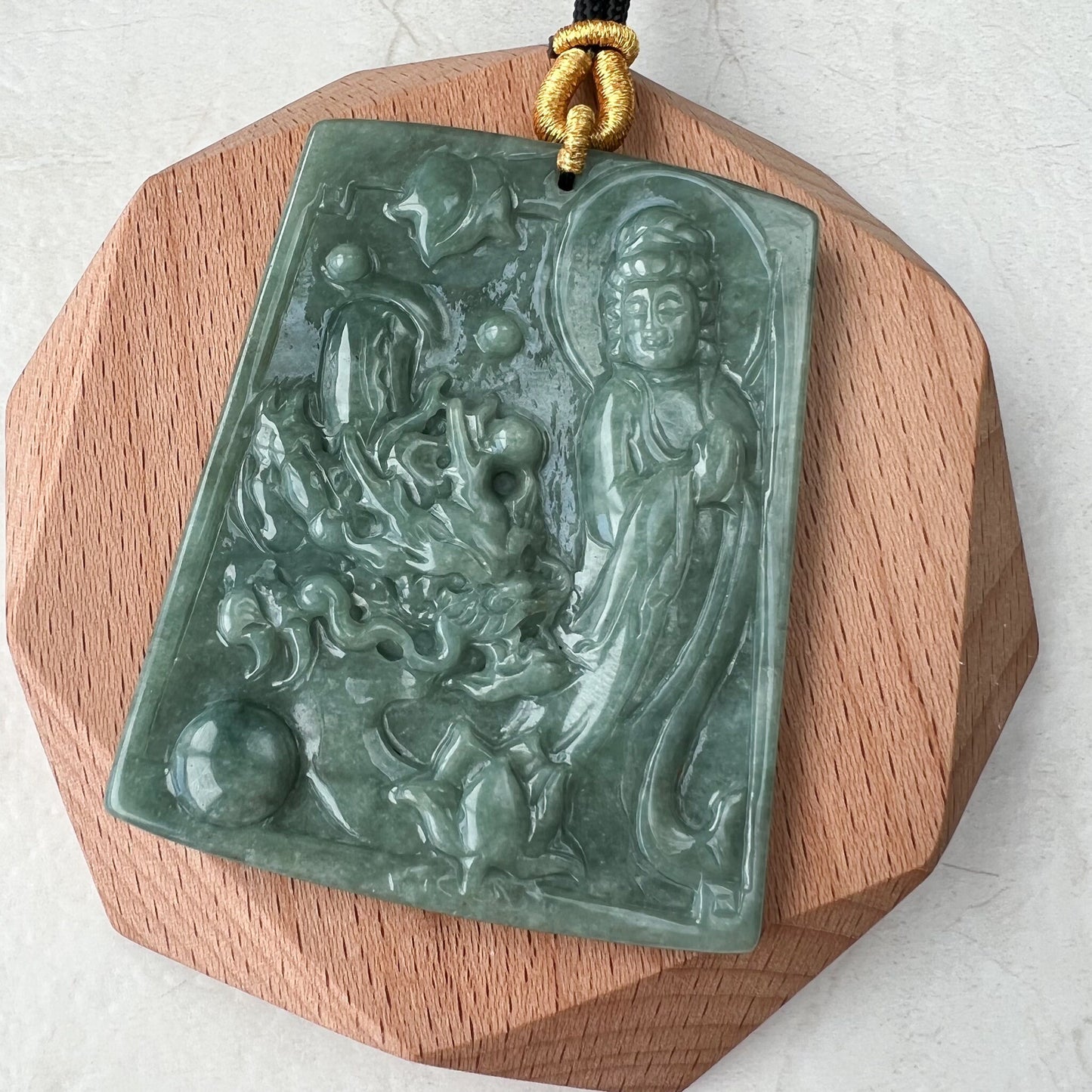 Large Green Jadeite Jade Guan Yin Kwan Yin Protected by Dragon, Avalokitesvara, Hand Carved Pendant Necklace, Quan Am, YJ-1221-0143581 - AriaDesignCollection