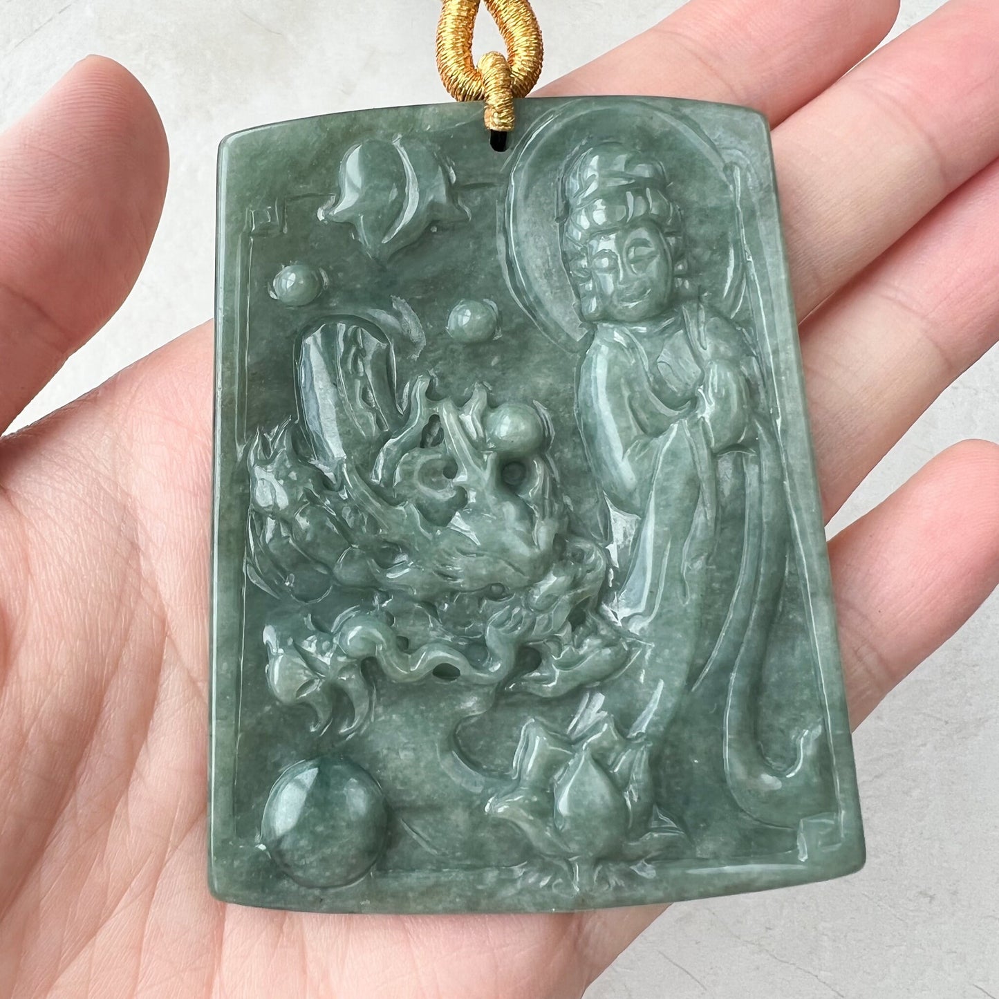 Large Green Jadeite Jade Guan Yin Kwan Yin Protected by Dragon, Avalokitesvara, Hand Carved Pendant Necklace, Quan Am, YJ-1221-0143581 - AriaDesignCollection
