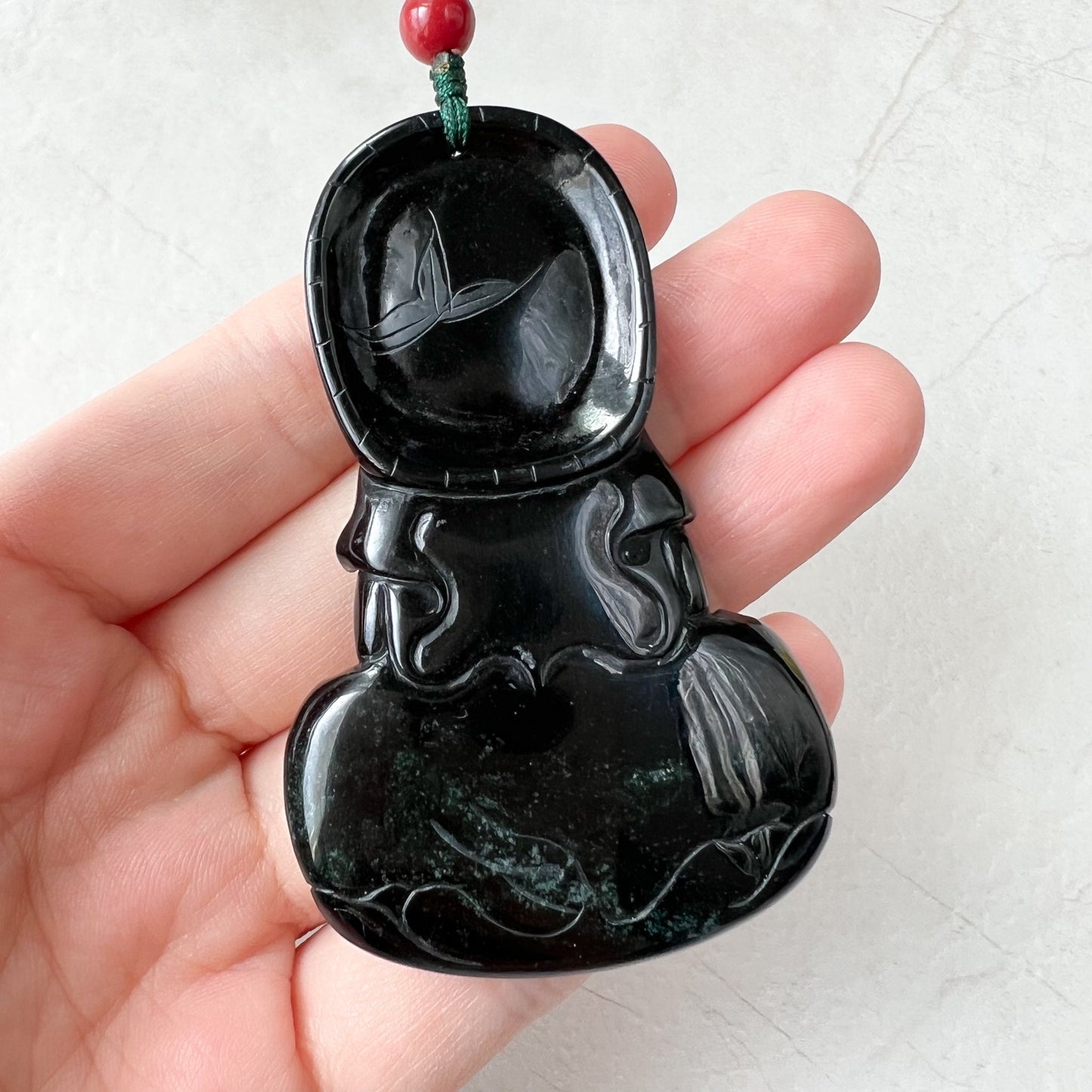 Large Black Jadeite Jade Omphacite Guan Yin Necklace, Quan Am, LGG-1221-1647833481 - AriaDesignCollection