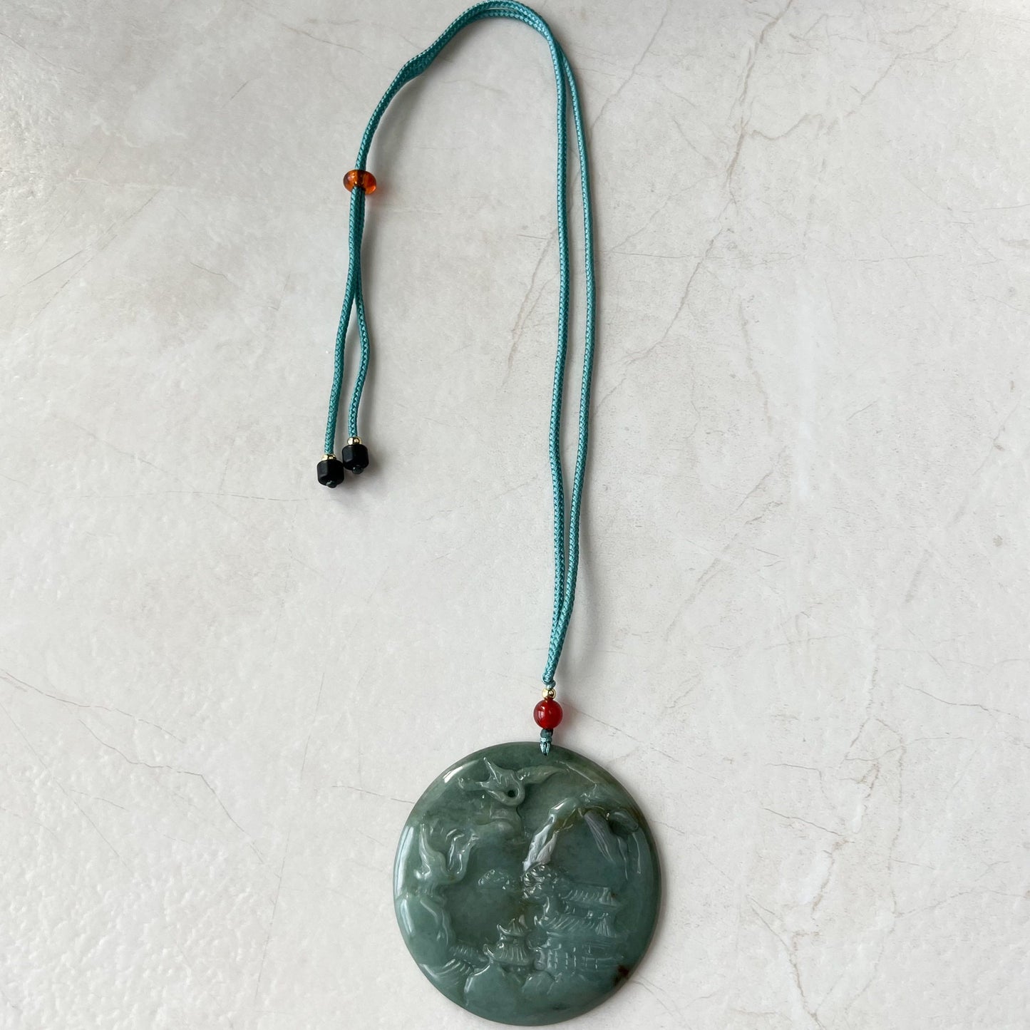 Jadeite Jade Landscape Mountain Forest River Tree, Crane, Longevity, Scenery Hand Carved Pendant Necklace, YJ-1221-0170321 - AriaDesignCollection