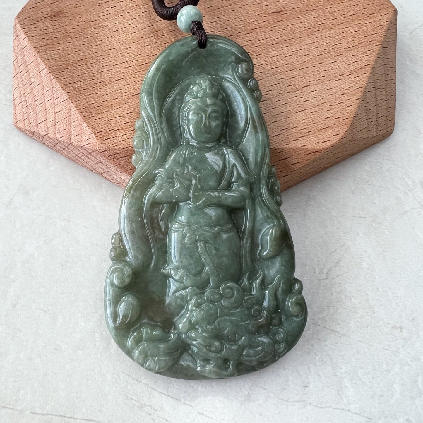 Jadeite Jade Guan Yin Avalokiteshvara and Dragon Carved Pendant Necklace, Quan Am, YJ-1221-0279115 - AriaDesignCollection