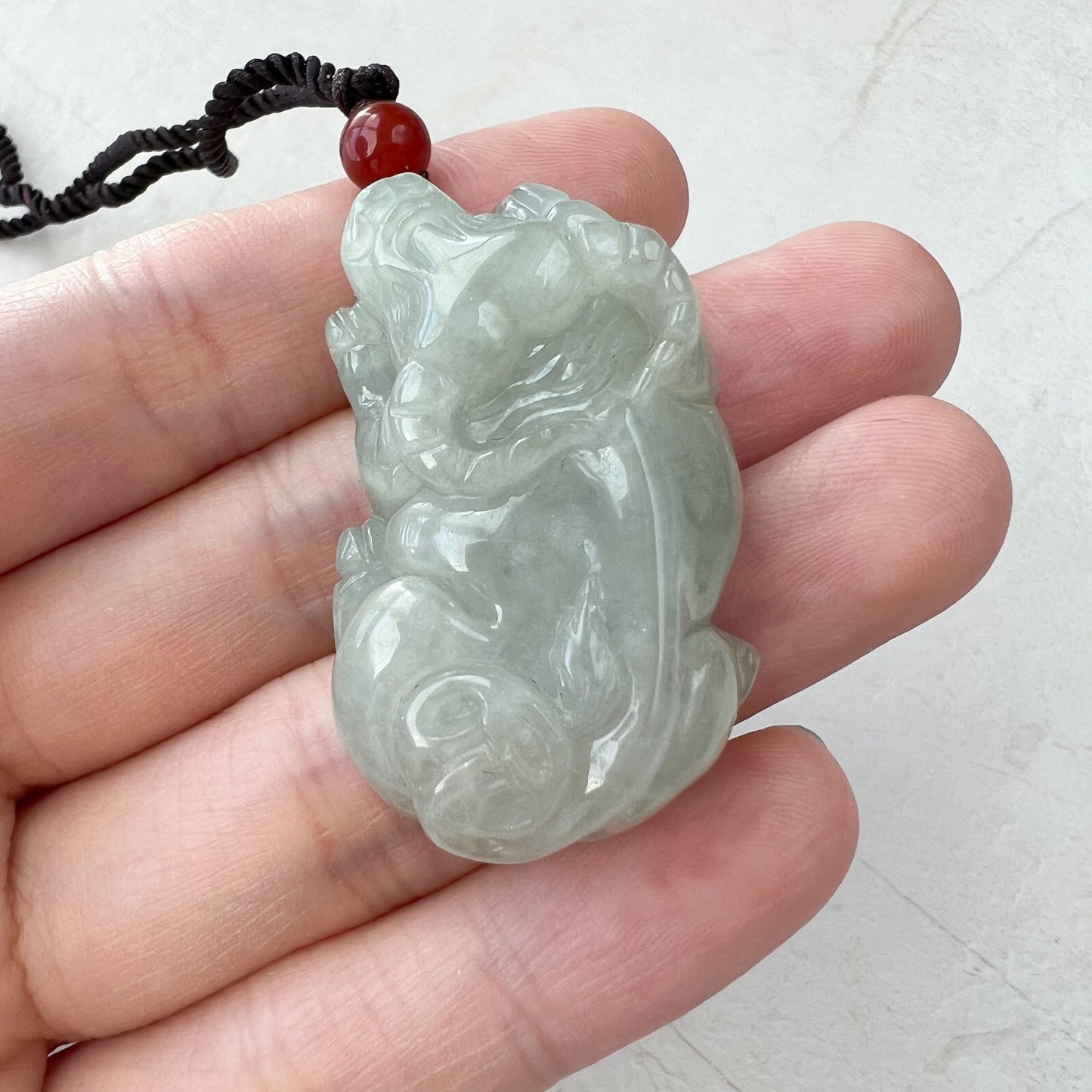 Light Gray Green Jadeite Jade Ox Bull Cow Chinese Zodiac Carved Necklace, YJ-0321-0343771-2 - AriaDesignCollection
