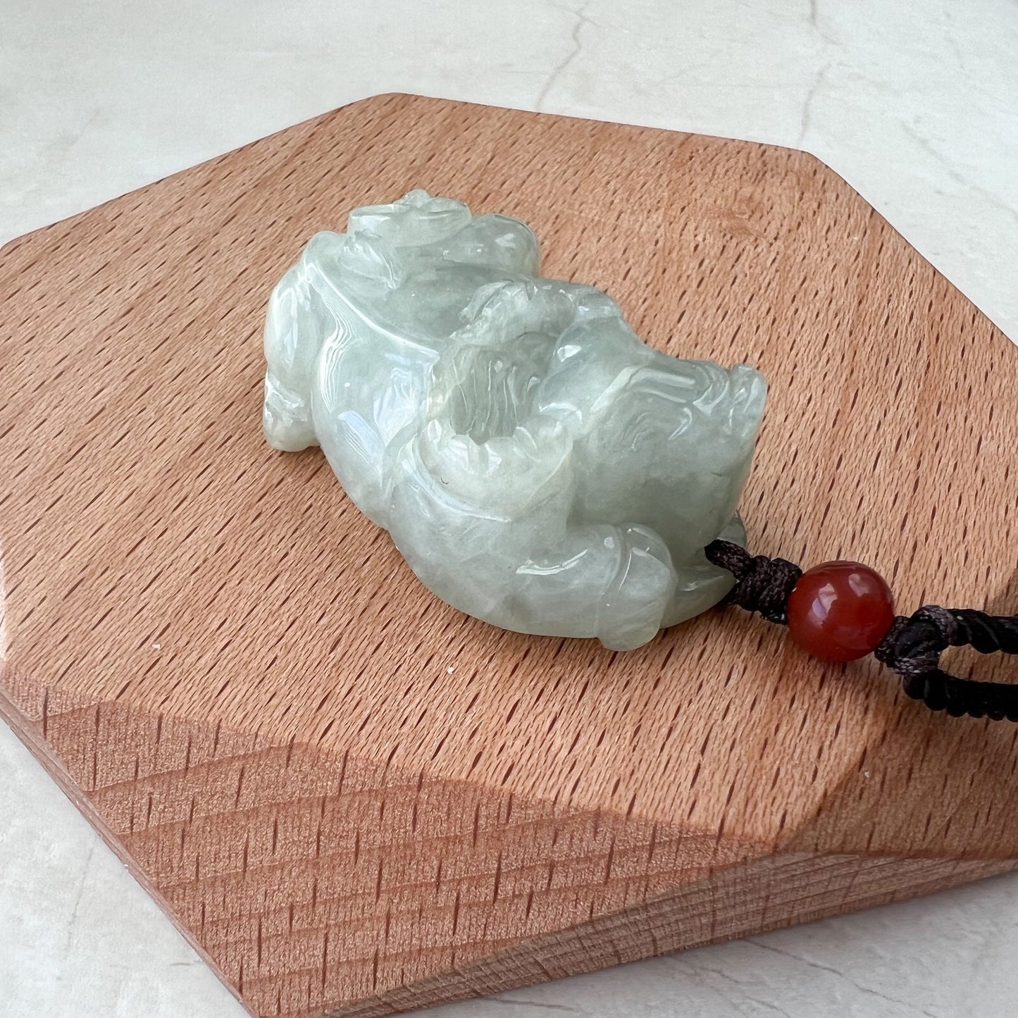 Light Gray Green Jadeite Jade Ox Bull Cow Chinese Zodiac Carved Necklace, YJ-0321-0343771-2 - AriaDesignCollection