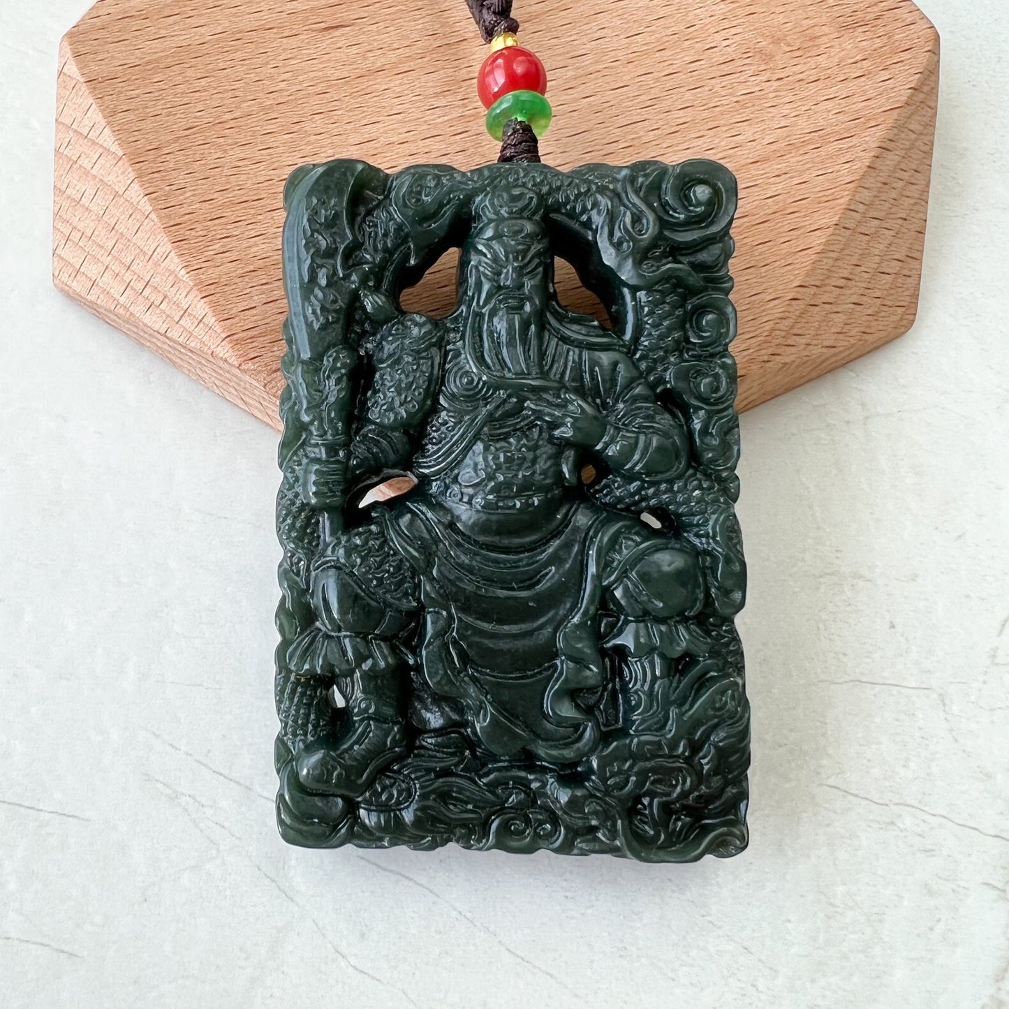 Dark Green Black Nephrite Jade Guan Yu Guan Gong, 关公, Carved Pendant Necklace, RM-1221-1648483726 - AriaDesignCollection