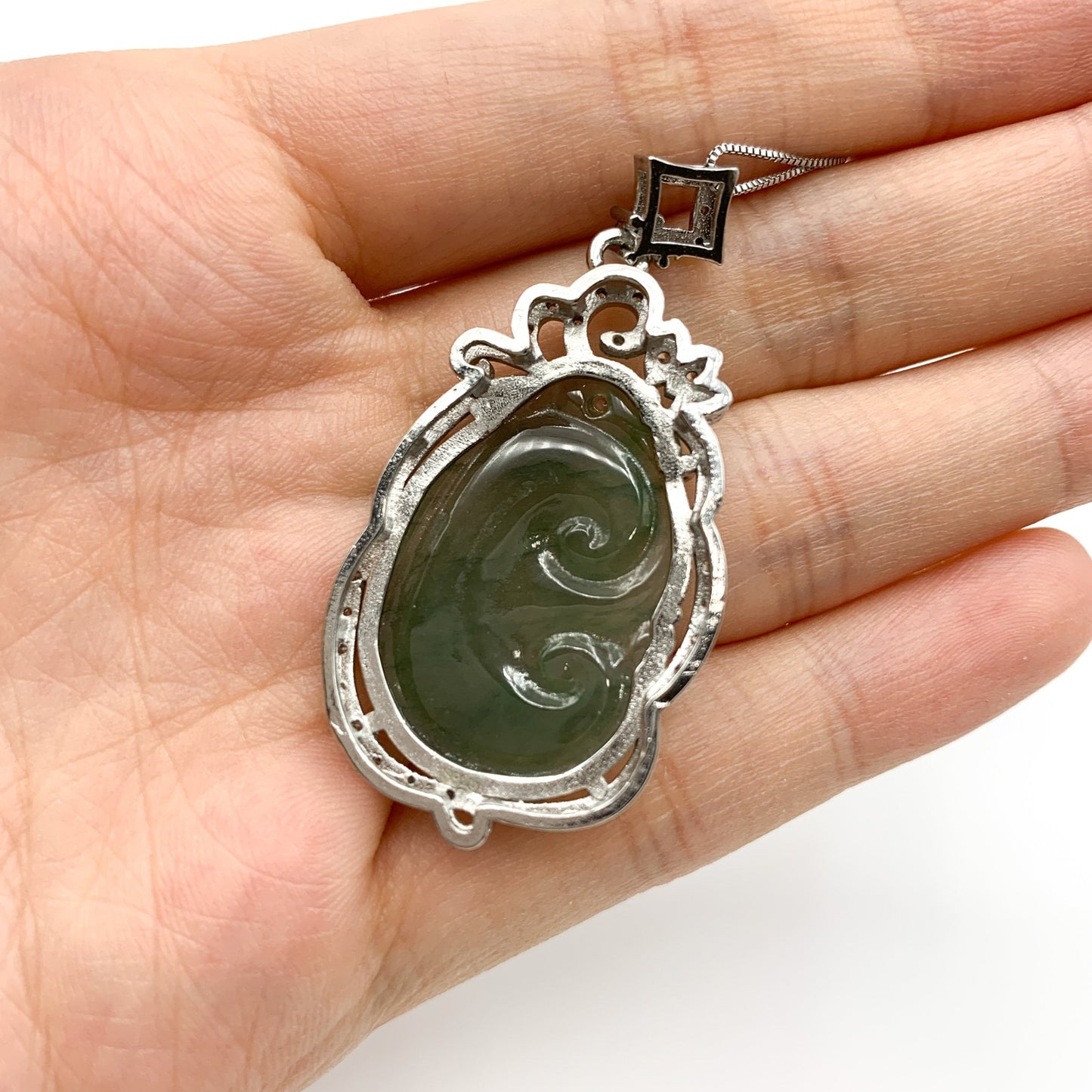 Jadeite Jade Lucky Ruyi Ru Yi, 如意, Sterling Silver Pendant Hand Carved Necklace, BJ-0621-0003439-4 - AriaDesignCollection