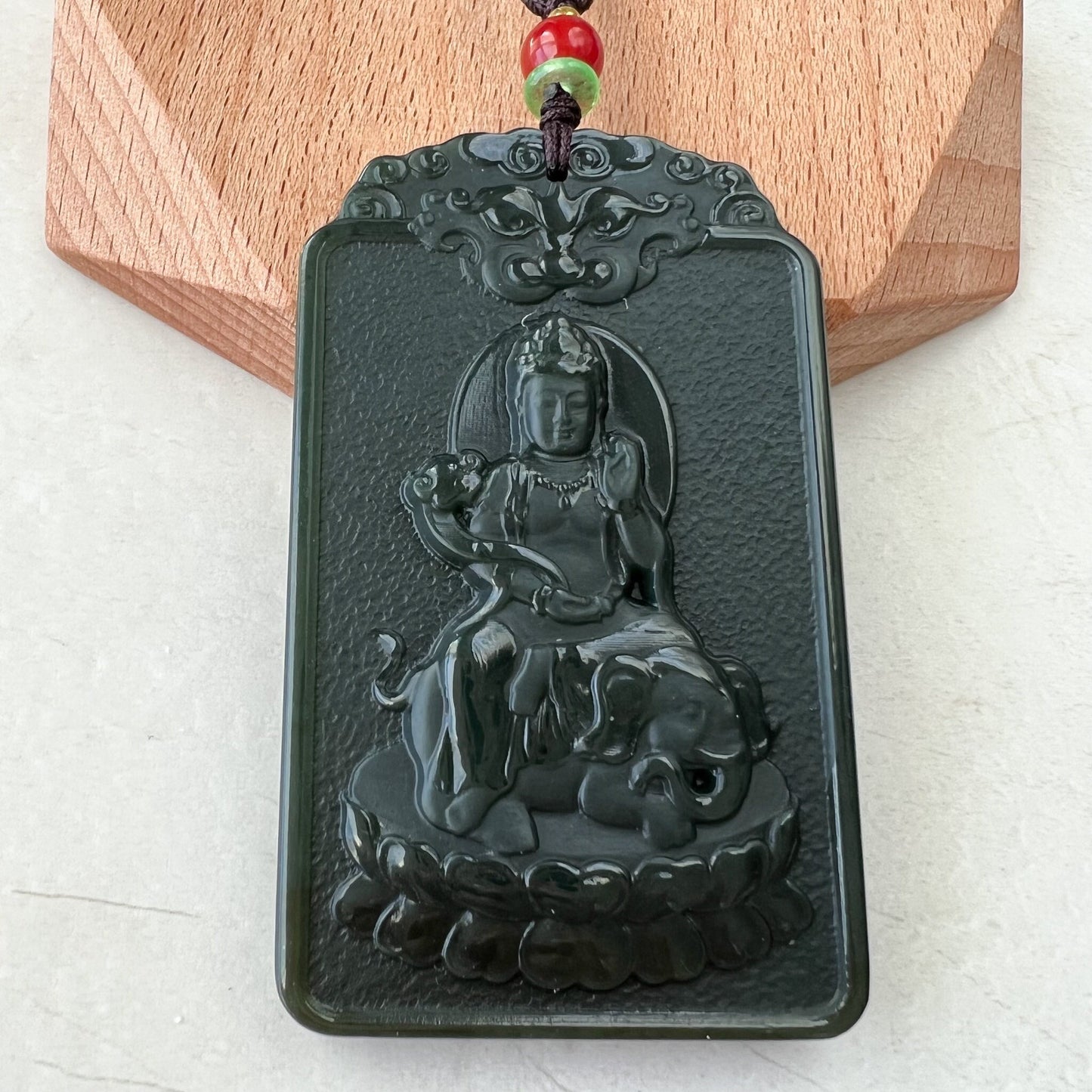Dark Green Nephrite Jade Samantabhadra Buddha bodhisattva with elephant, Pu Xian, Phổ Hiền Bồ Tát,Dragon Pendant Necklace,RM-1221-1649390389 - AriaDesignCollection