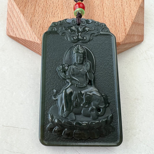Dark Green Nephrite Jade Samantabhadra Buddha bodhisattva with elephant, Pu Xian, Phổ Hiền Bồ Tát,Dragon Pendant Necklace,RM-1221-1649390389 - AriaDesignCollection