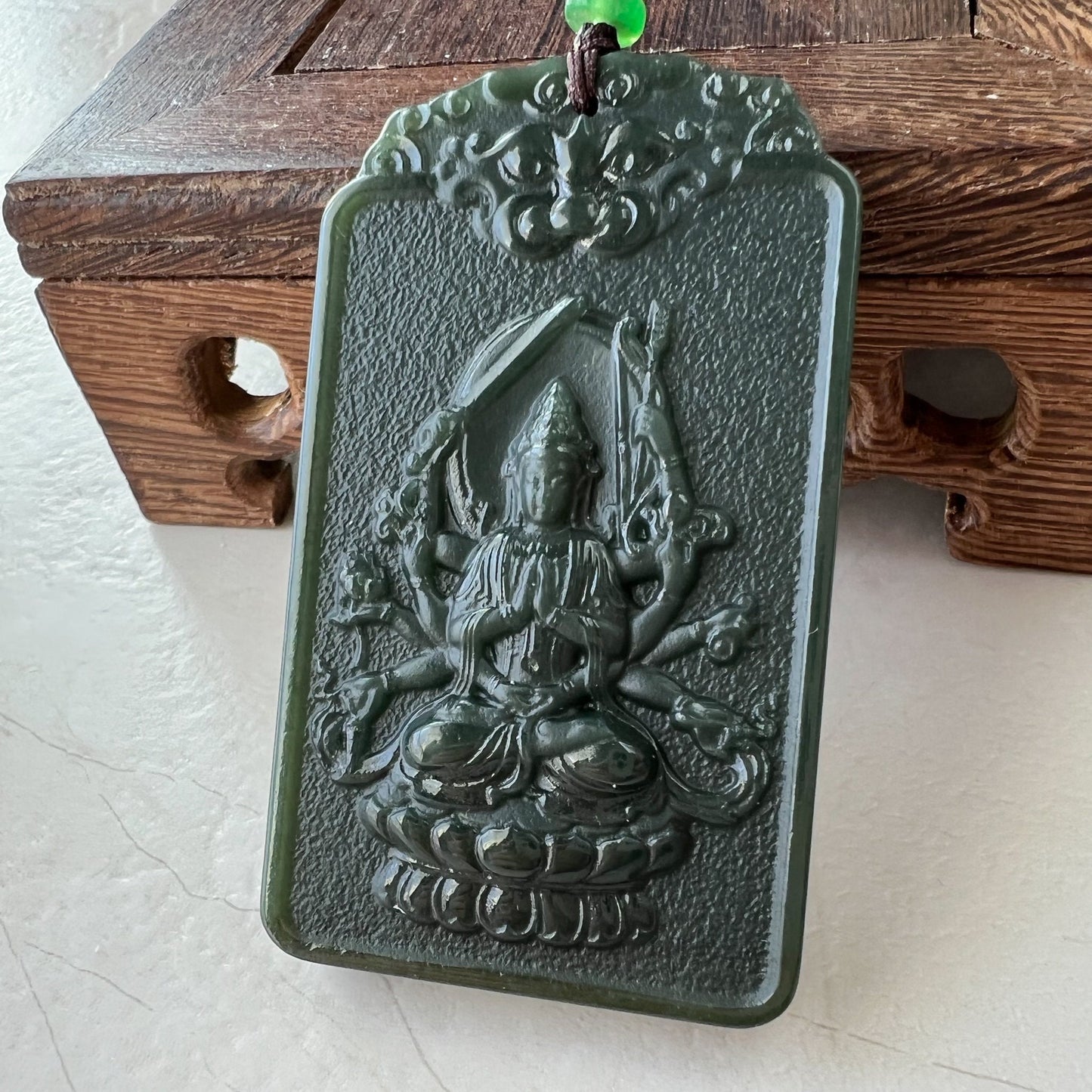Dark Green Nephrite Jade Thousand Hand Guan Yin Necklace, Quan Am, 观音, Rat Zodiac Hand Carved Pendant, Female Buddha, RM-1221-1649436719 - AriaDesignCollection