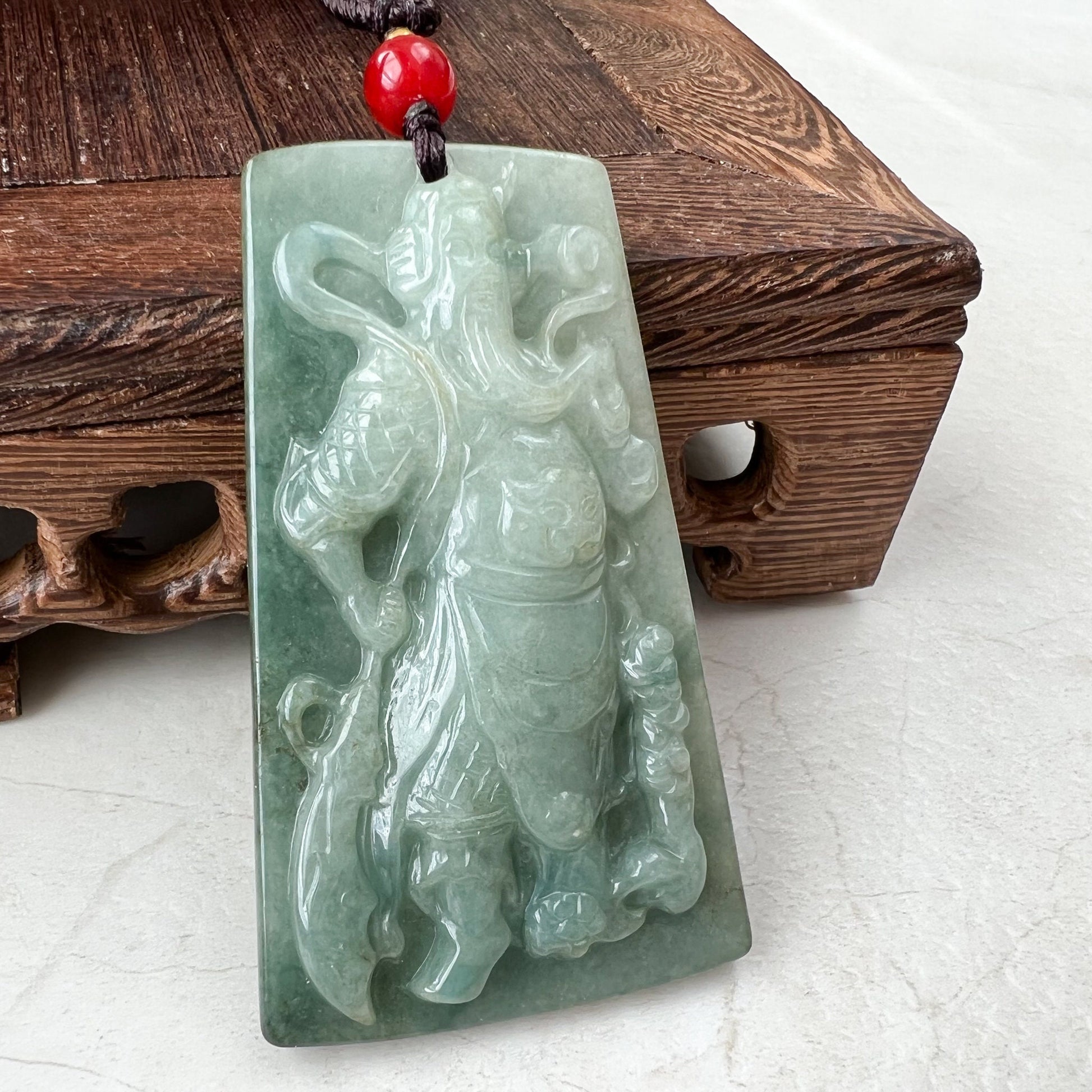 Large Green Jadeite Jade Guan Yu Guan Gong, 关羽, 关公, Carved Pendant Necklace, YJ-1221-0279103 - AriaDesignCollection