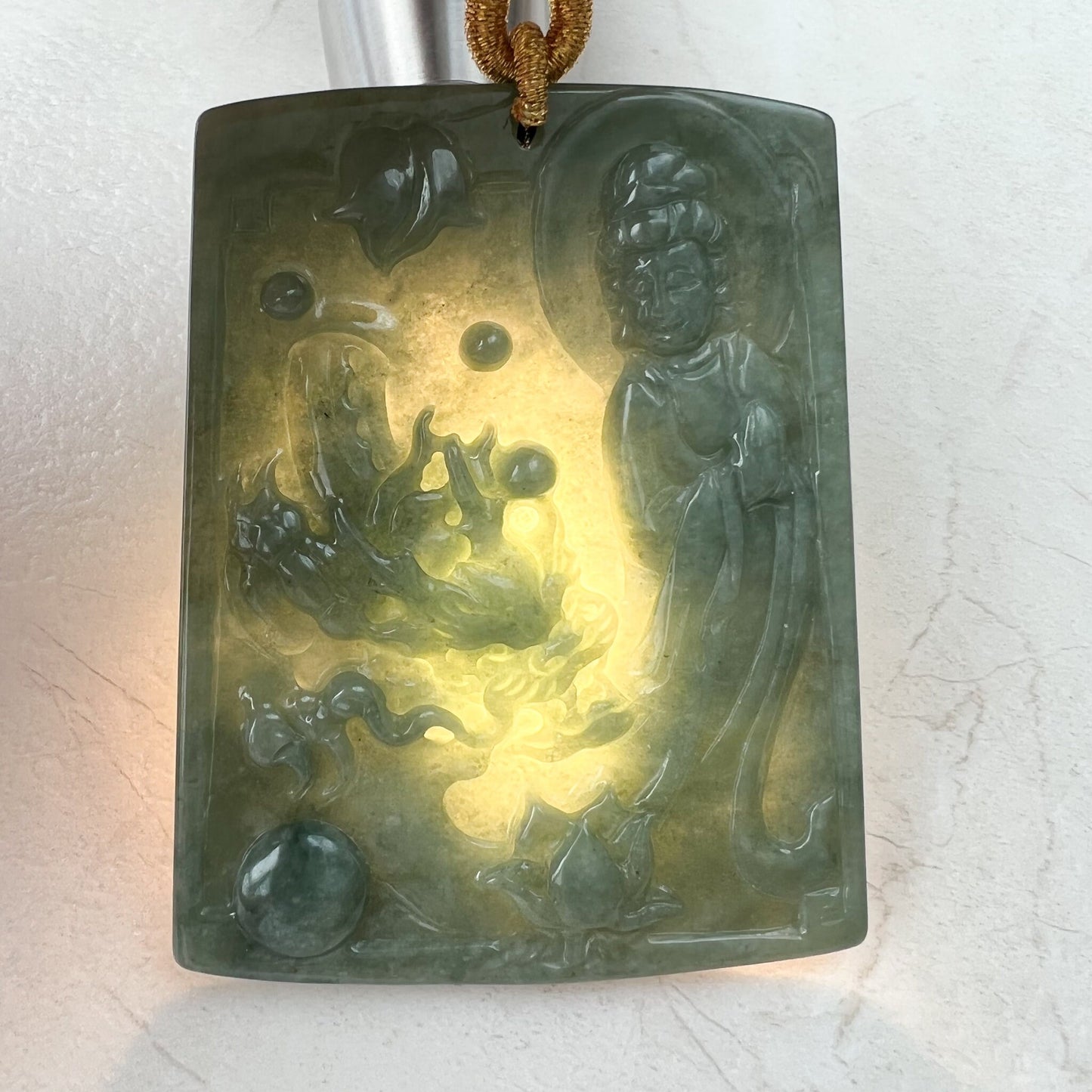 Large Green Jadeite Jade Guan Yin Kwan Yin Protected by Dragon, Avalokitesvara, Hand Carved Pendant Necklace, Quan Am, YJ-1221-0143581 - AriaDesignCollection