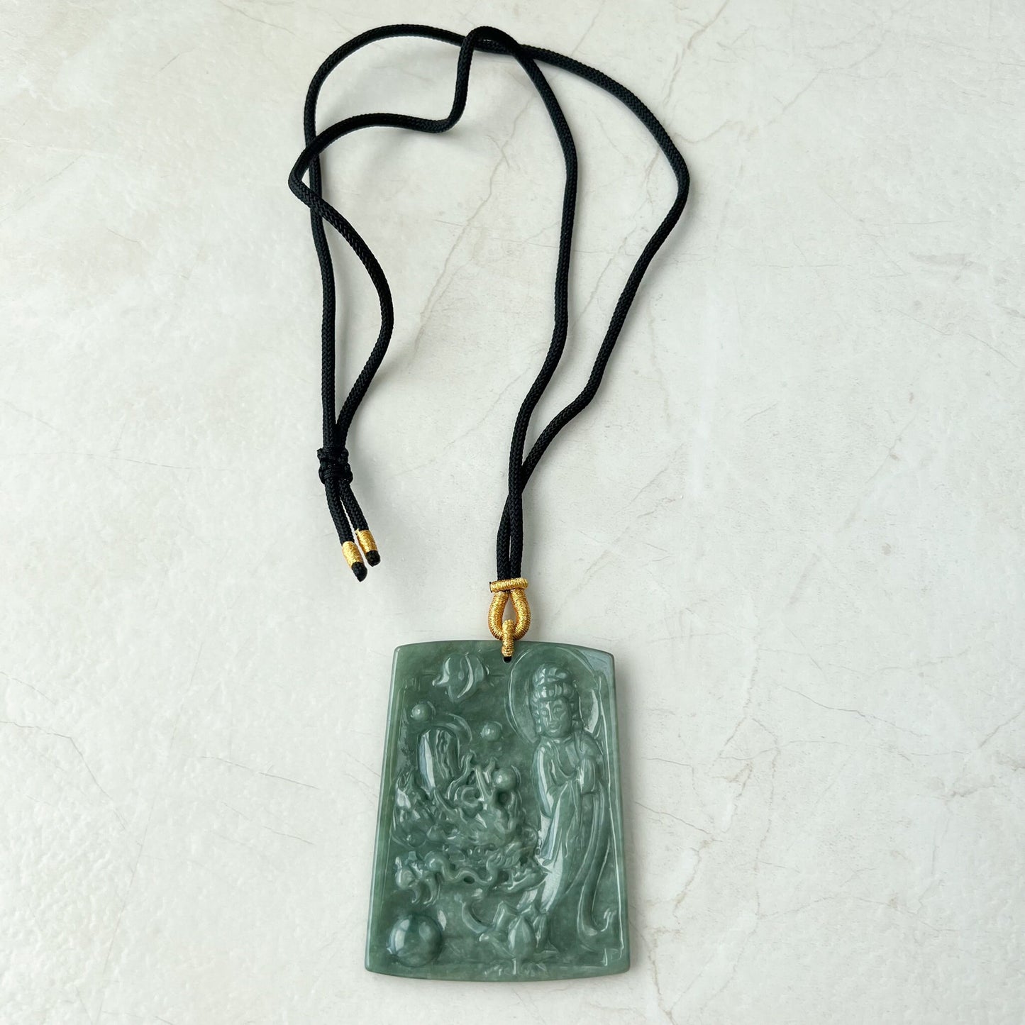 Large Green Jadeite Jade Guan Yin Kwan Yin Protected by Dragon, Avalokitesvara, Hand Carved Pendant Necklace, Quan Am, YJ-1221-0143581 - AriaDesignCollection