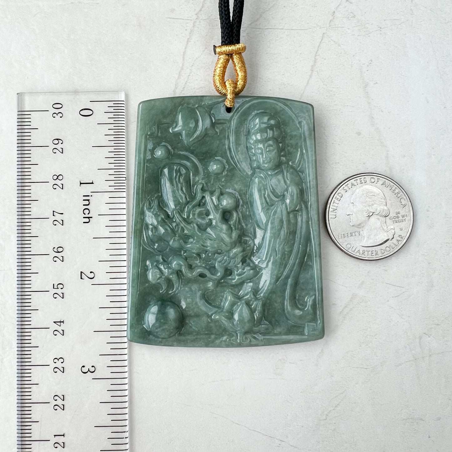 Large Green Jadeite Jade Guan Yin Kwan Yin Protected by Dragon, Avalokitesvara, Hand Carved Pendant Necklace, Quan Am, YJ-1221-0143581 - AriaDesignCollection