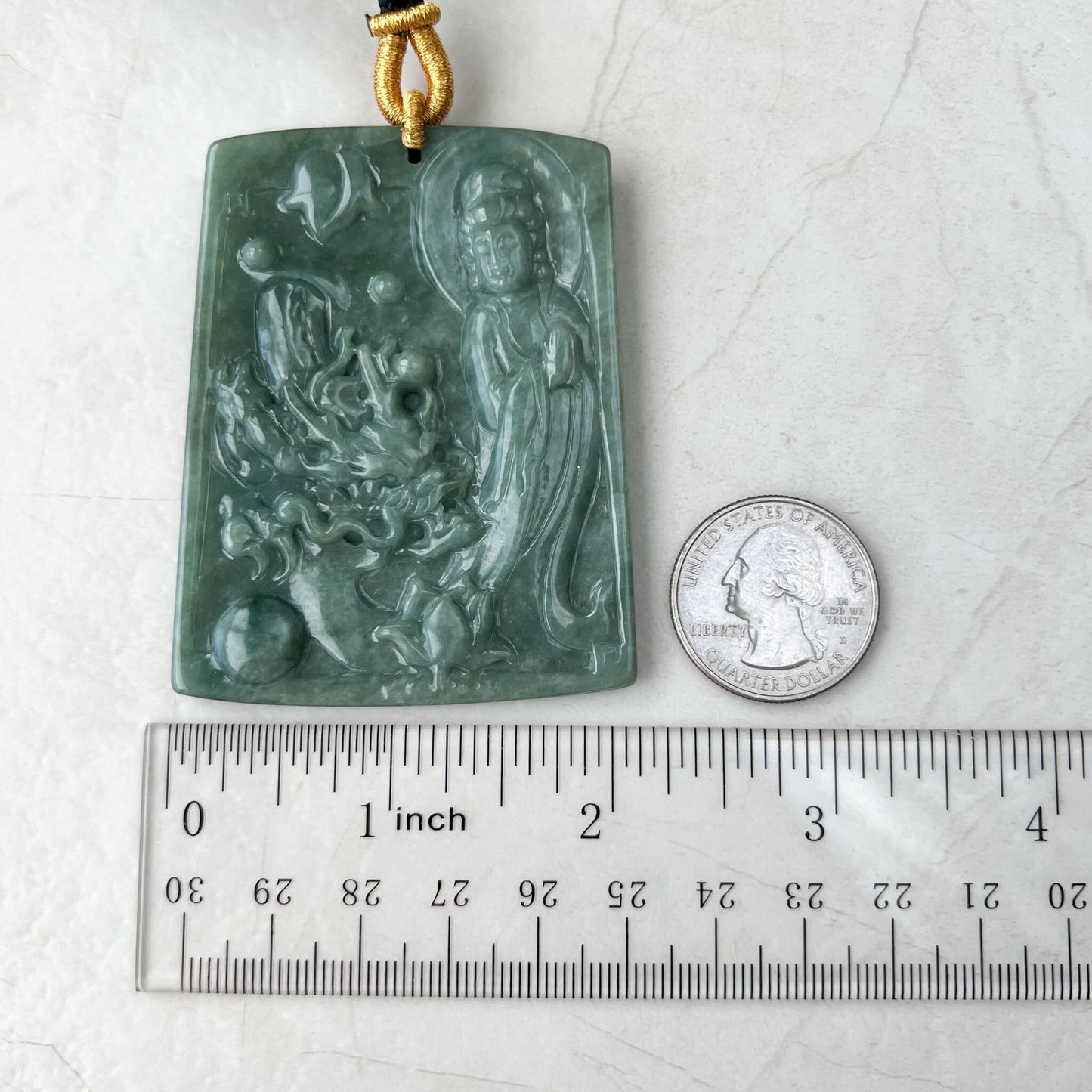 Large Green Jadeite Jade Guan Yin Kwan Yin Protected by Dragon, Avalokitesvara, Hand Carved Pendant Necklace, Quan Am, YJ-1221-0143581 - AriaDesignCollection