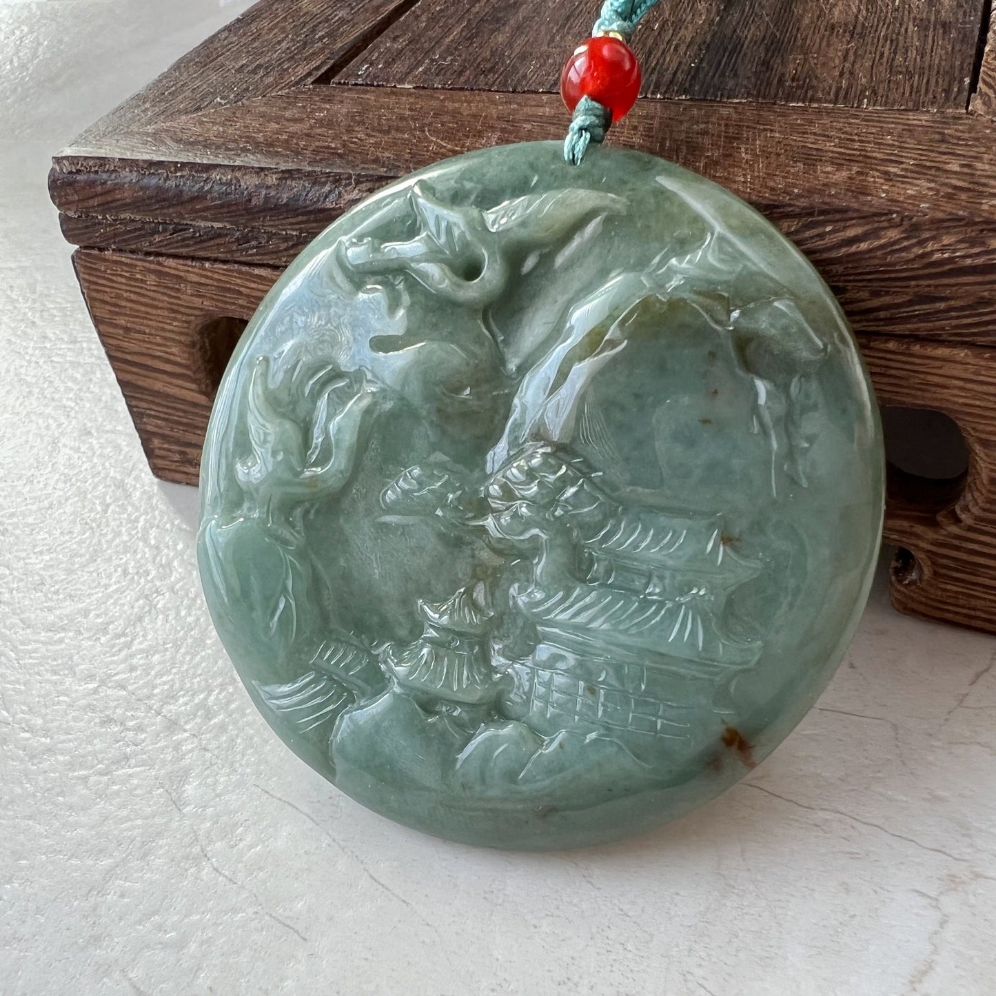 Jadeite Jade Landscape Mountain Forest River Tree, Crane, Longevity, Scenery Hand Carved Pendant Necklace, YJ-1221-0170321 - AriaDesignCollection