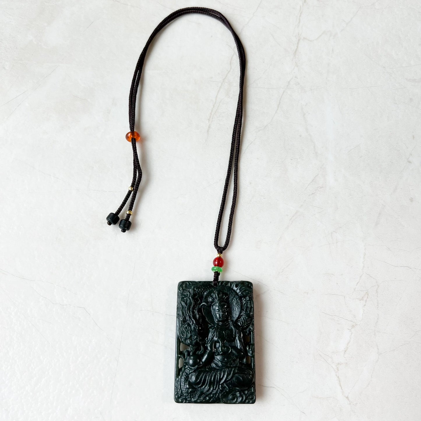 Nephrite Jade Guan Yin Necklace, Hand Carved, Dark Green Jade, Quan Am, Female Buddha Pendant, RM-1221-1649624212 - AriaDesignCollection