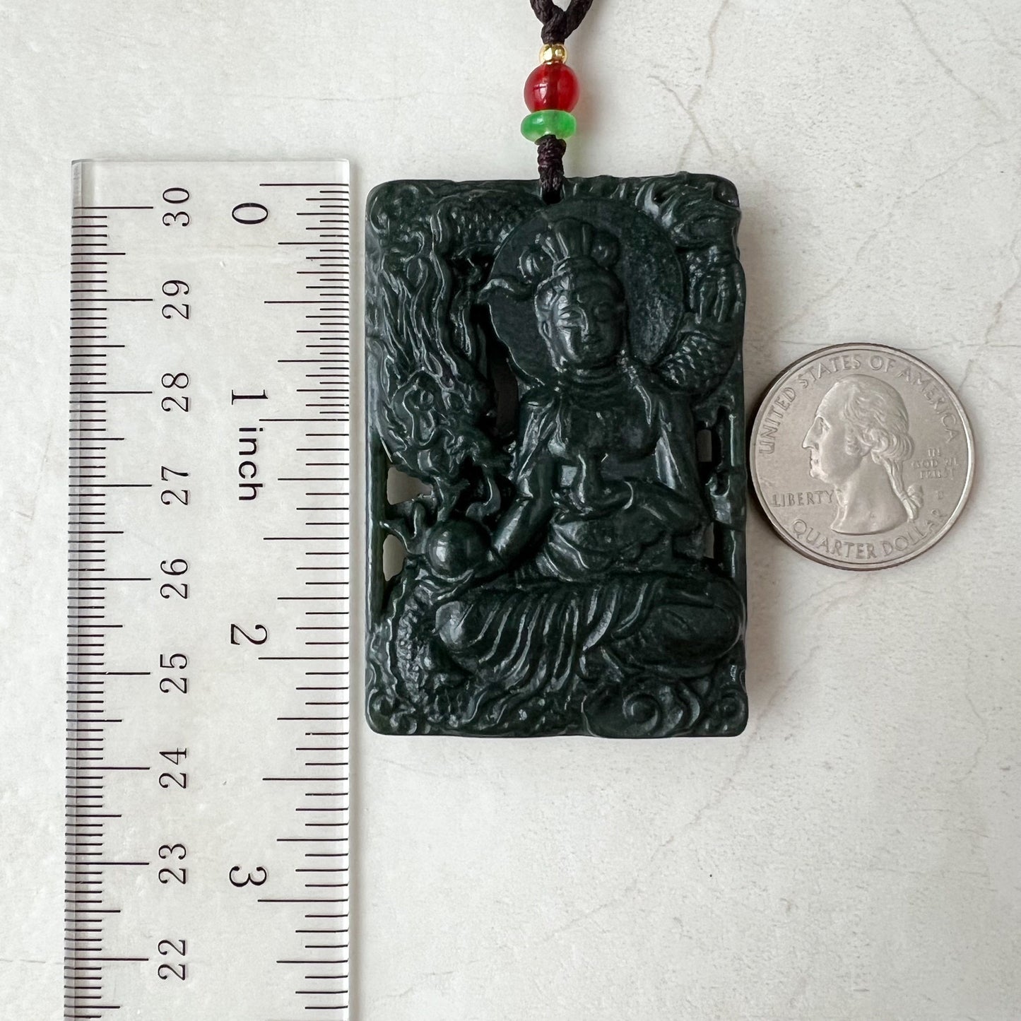 Nephrite Jade Guan Yin Necklace, Hand Carved, Dark Green Jade, Quan Am, Female Buddha Pendant, RM-1221-1649624212 - AriaDesignCollection