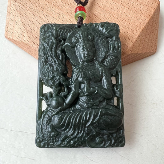 Nephrite Jade Guan Yin Necklace, Hand Carved, Dark Green Jade, Quan Am, Female Buddha Pendant, RM-1221-1649624212 - AriaDesignCollection