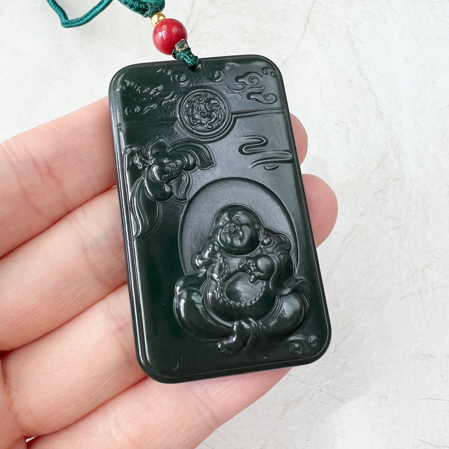 Dark Green Black Nephrite Jade Happy Laughing Buddha Necklace, SY-1221-1647872375 - AriaDesignCollection