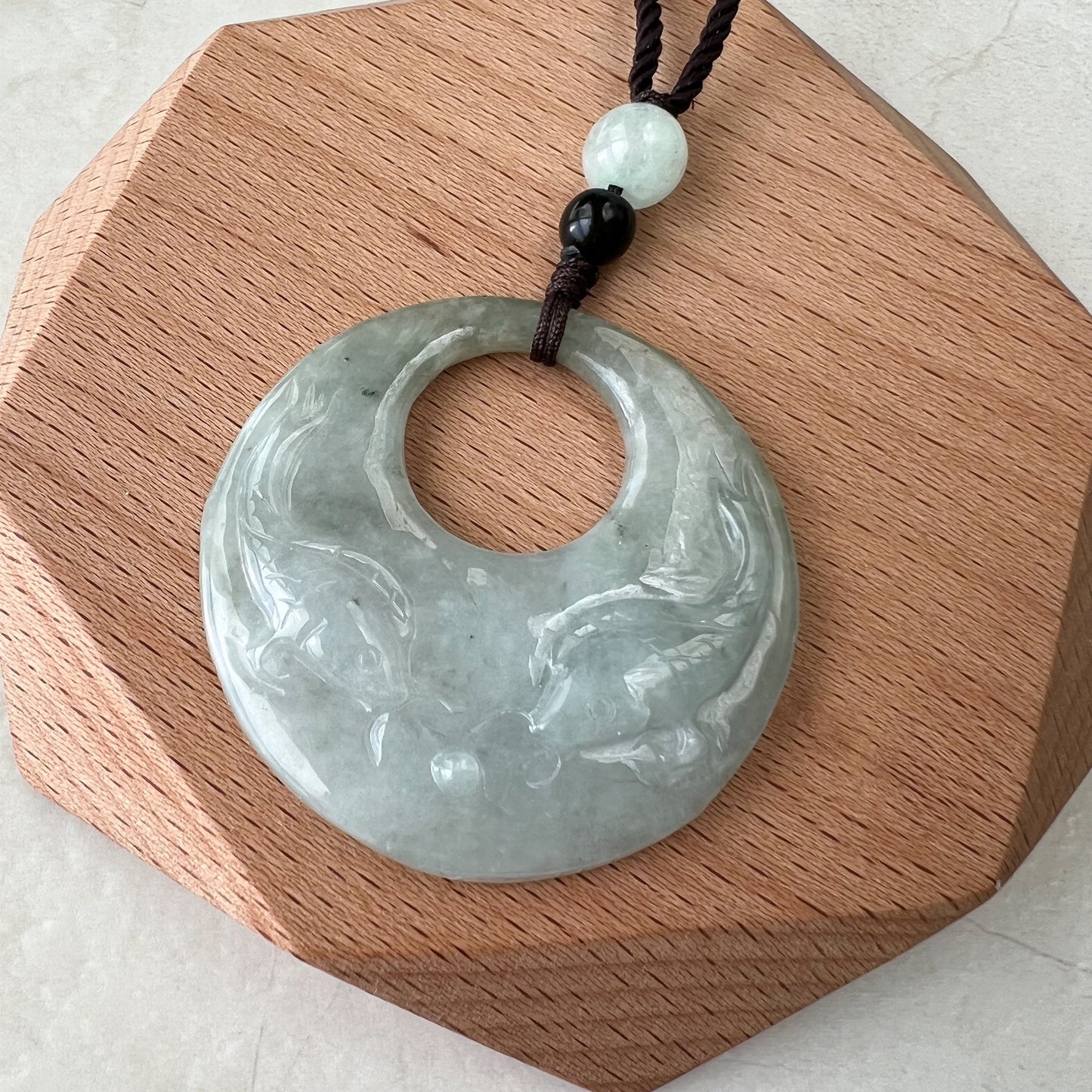 Jadeite Jade Twin Fish, Pisces Zodiac Horoscope Necklace, Hand Carved Pendant Necklace, YJ-1221-0315209-2 - AriaDesignCollection