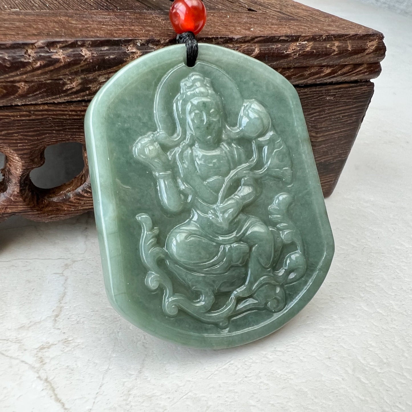 Green Jadeite Jade Guan Yin Avalokiteshvara Carved Pendant Necklace, YJ-1221-0354840 - AriaDesignCollection