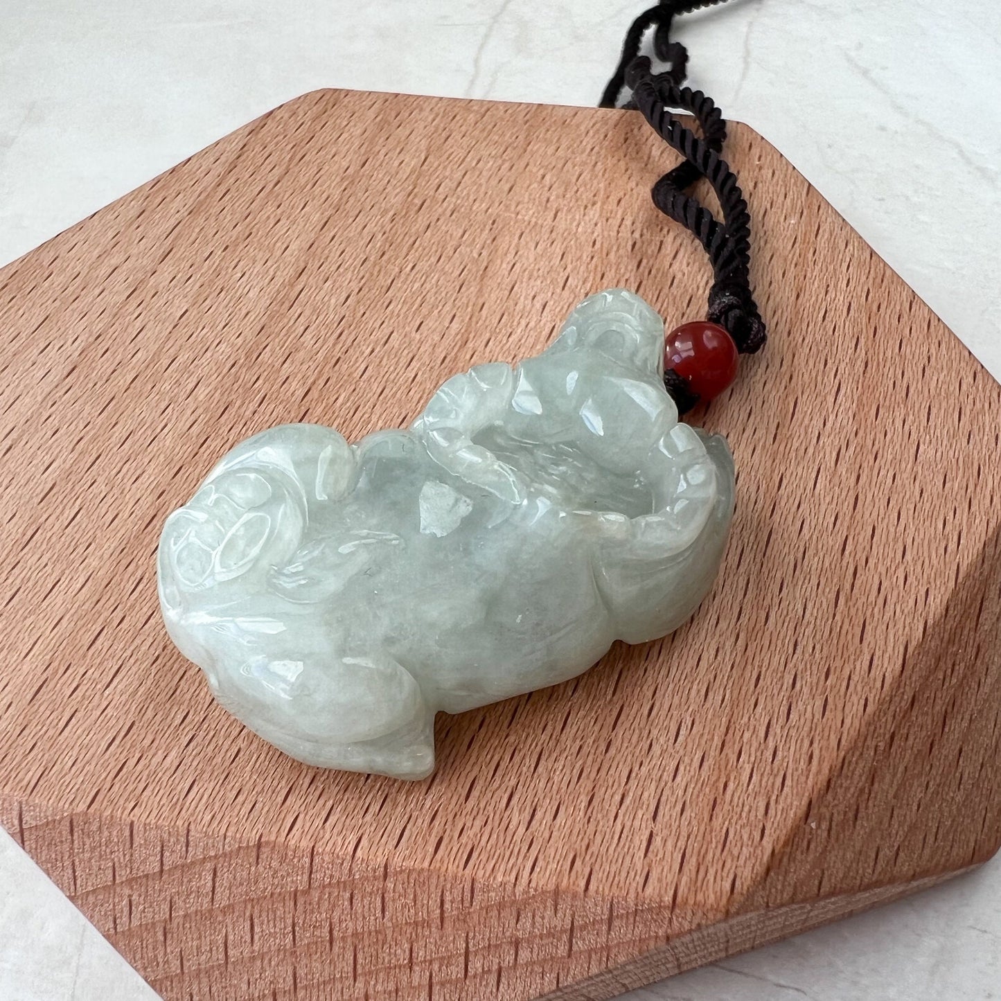 Light Gray Green Jadeite Jade Ox Bull Cow Chinese Zodiac Carved Necklace, YJ-0321-0343771-2 - AriaDesignCollection