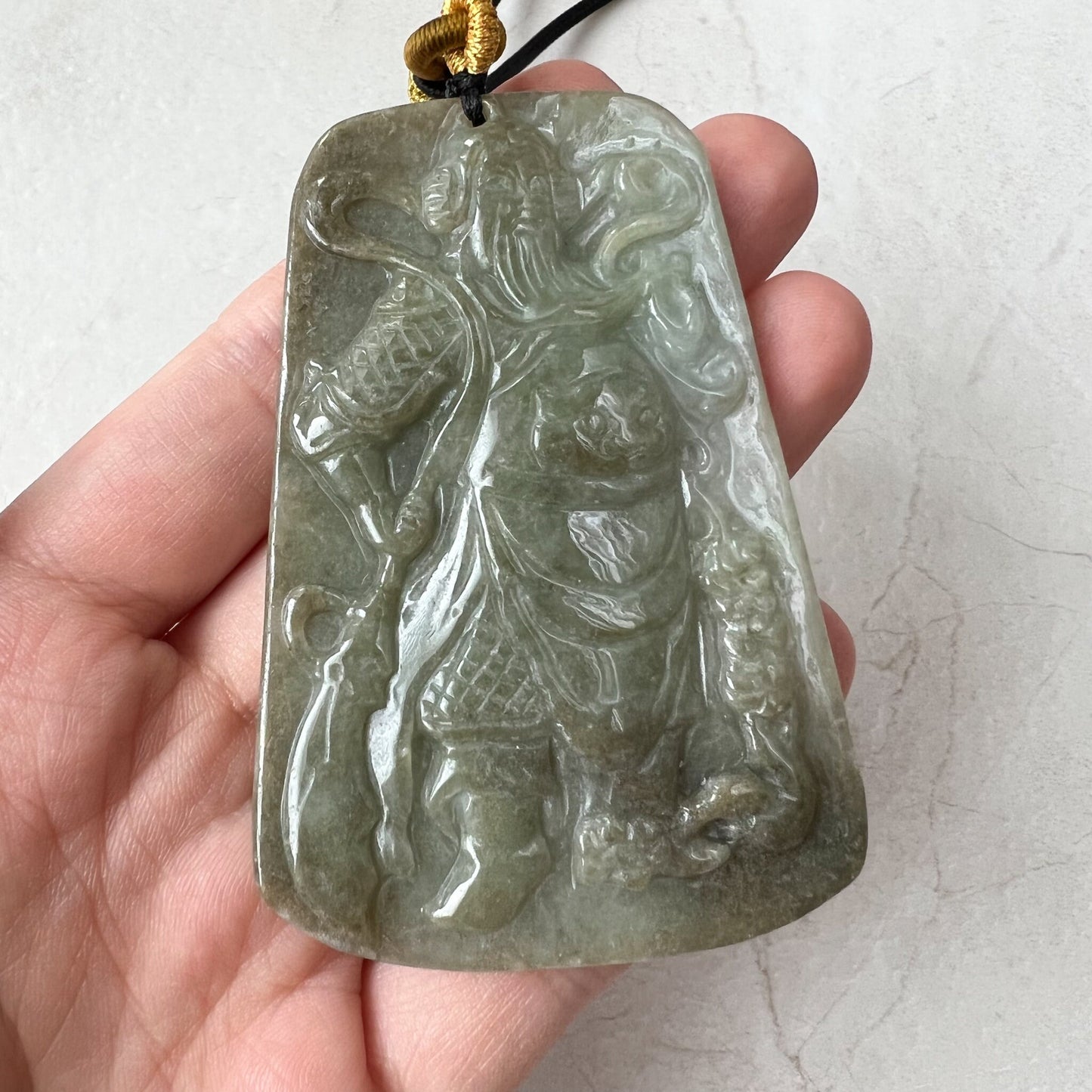 Large Green Jadeite Jade Guan Yu Guan Gong Carved Pendant Necklace, YJ-1221-0235508 - AriaDesignCollection