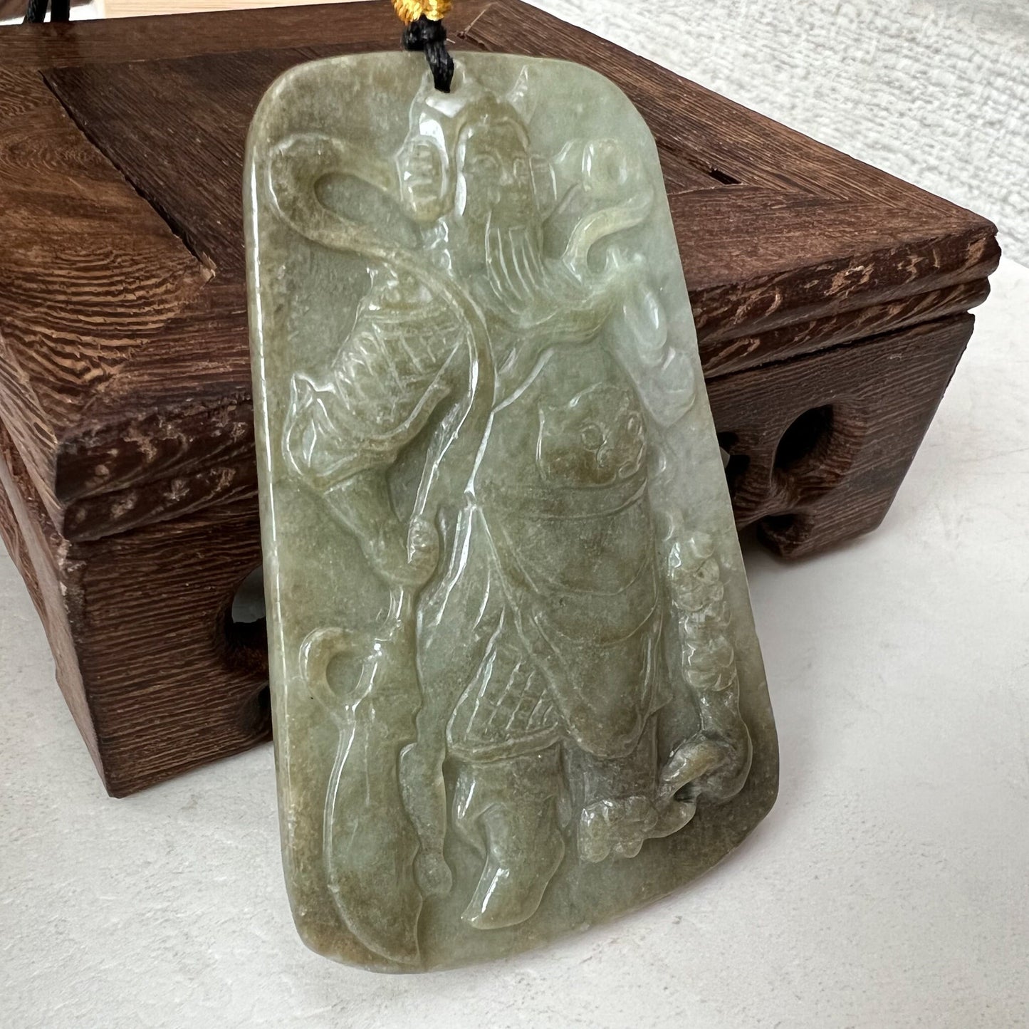 Large Green Jadeite Jade Guan Yu Guan Gong Carved Pendant Necklace, YJ-1221-0235508 - AriaDesignCollection