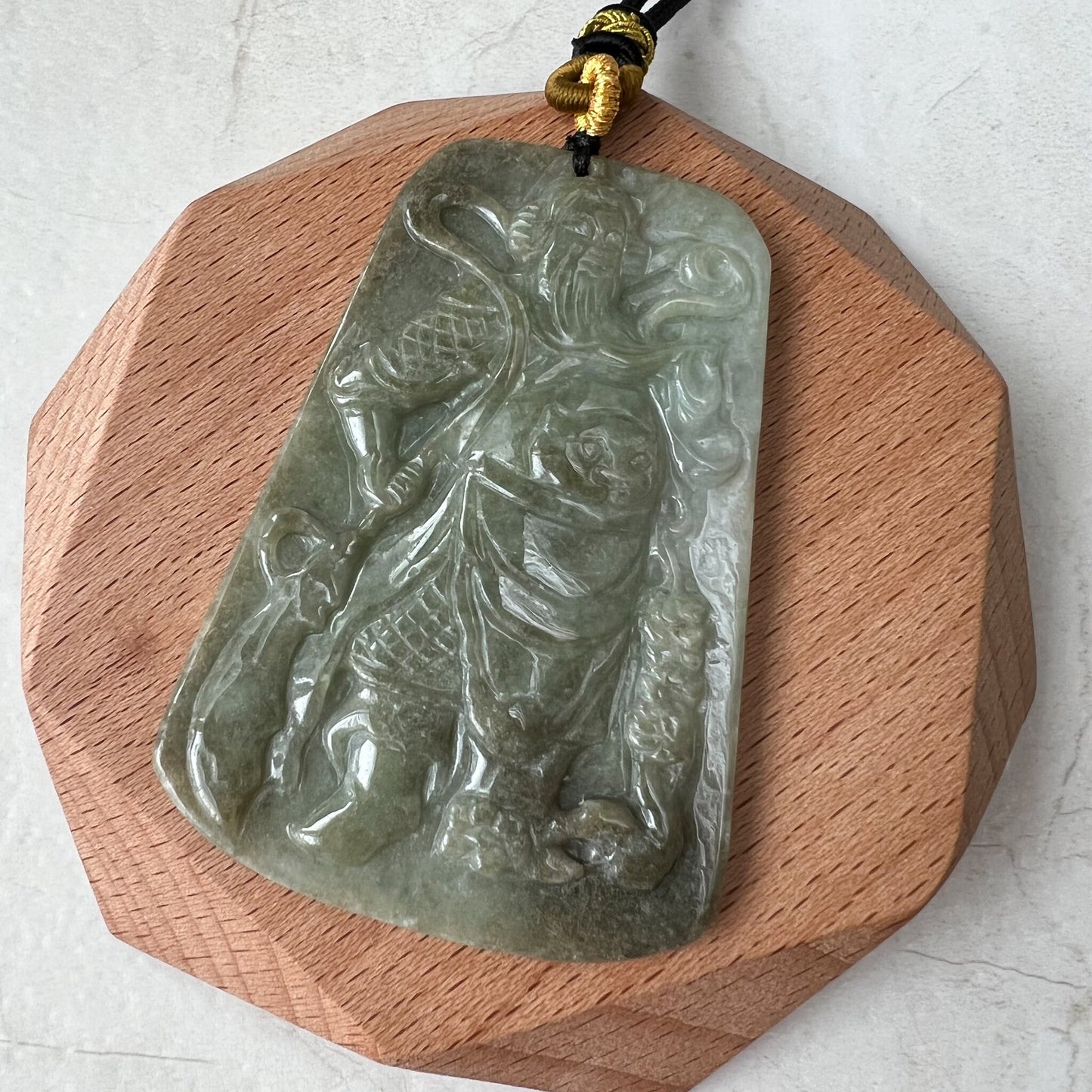 Large Green Jadeite Jade Guan Yu Guan Gong Carved Pendant Necklace, YJ-1221-0235508 - AriaDesignCollection