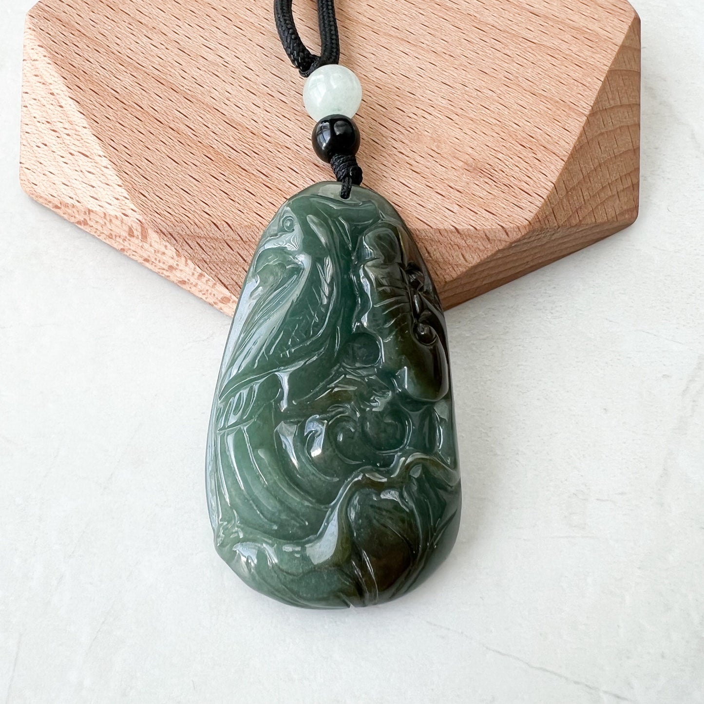 Jadeite Jade Floral Bird, Parrot Green Blue Hand Carved Pendant, YJ-1221-0336527 - AriaDesignCollection