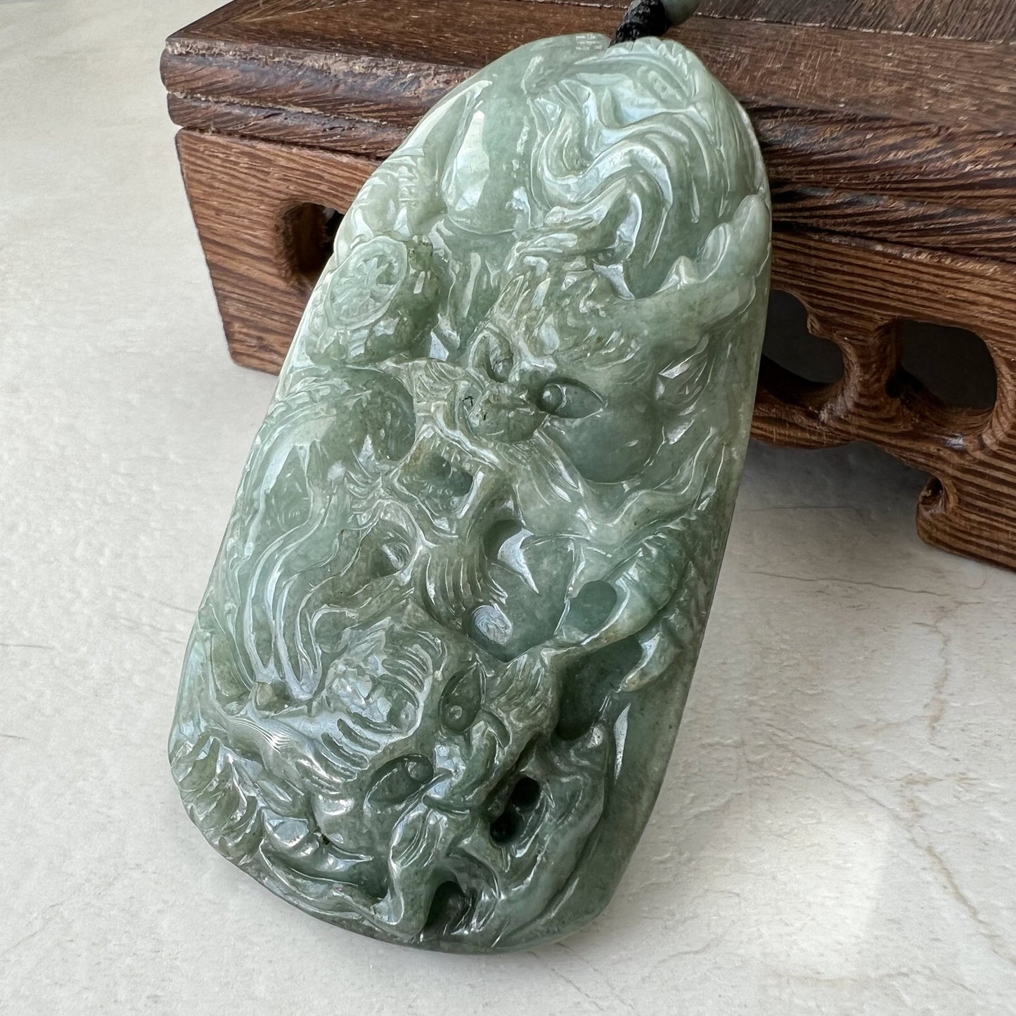 Twin Jade Dragon, Green Jadeite Jade, Chinese Zodiac Hand Carved Pendant Necklace, YJ-1221-0213916 - AriaDesignCollection